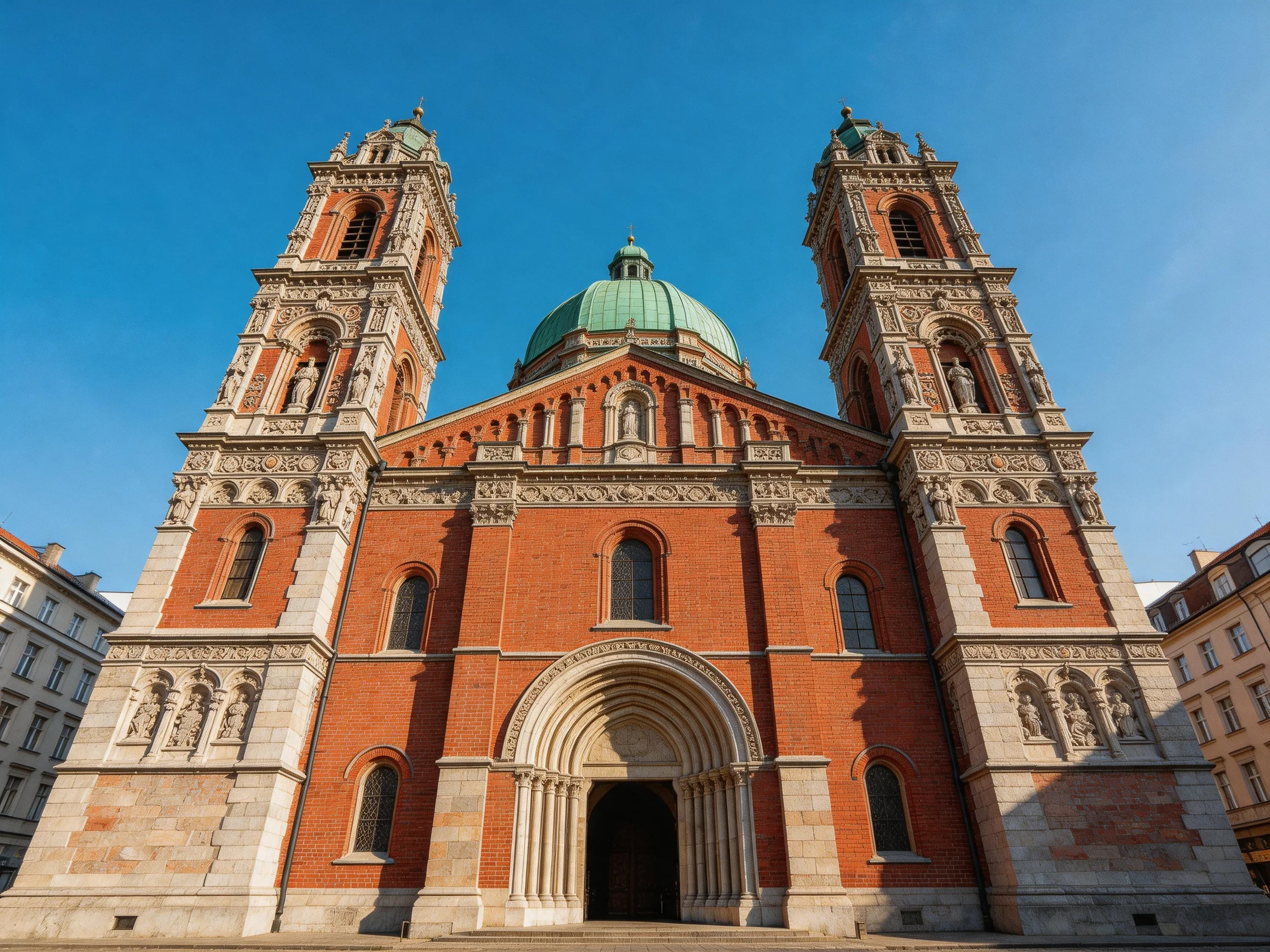 A grand red-brick church with green domes and twin towers
