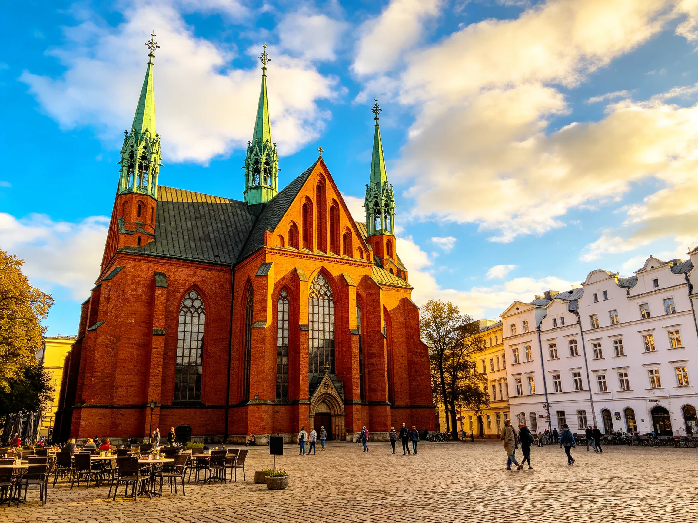 A grand red-brick church with green spires in a sunny cobblestone square