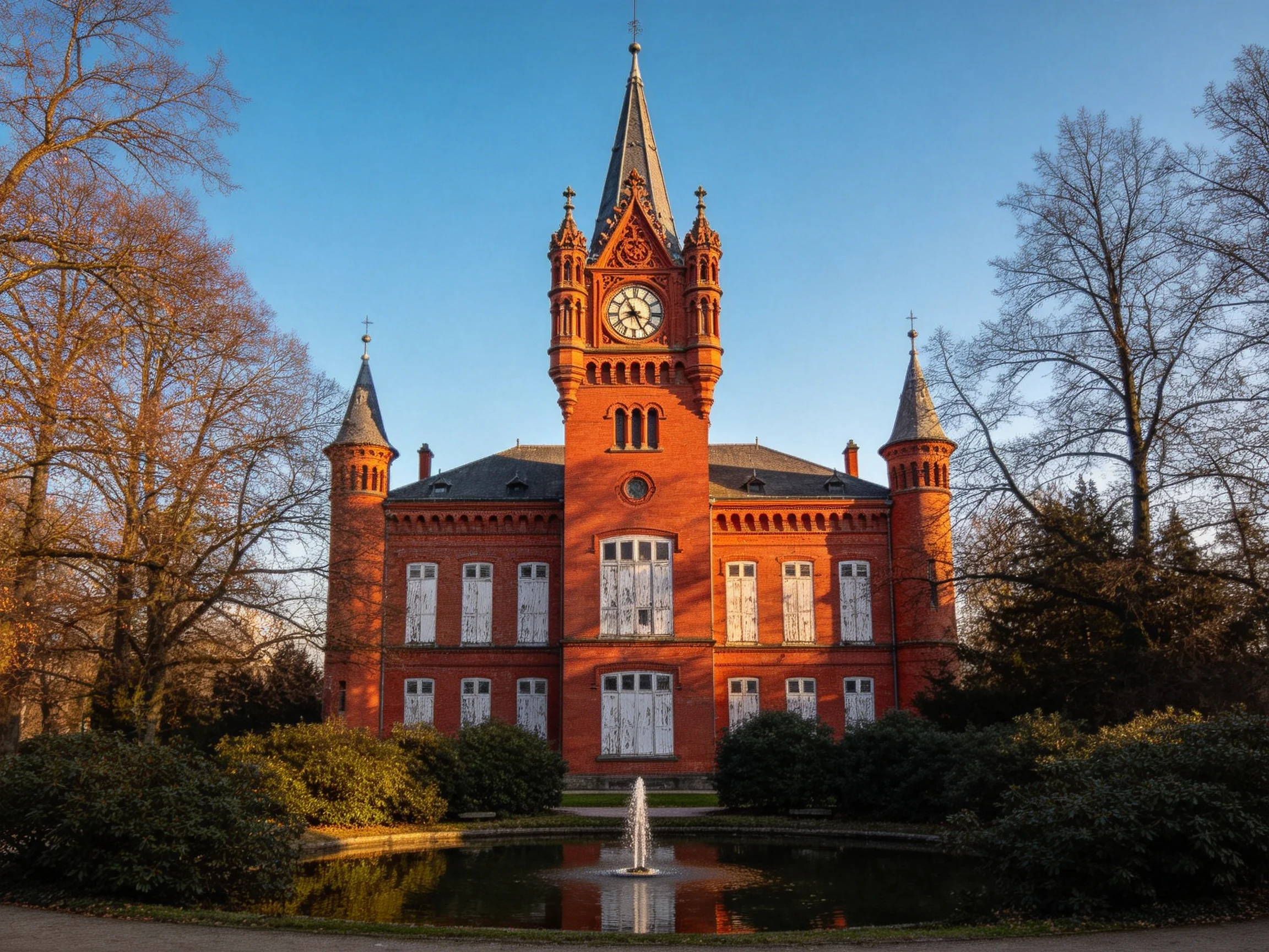 A grand red-brick clock tower building with a central fountain