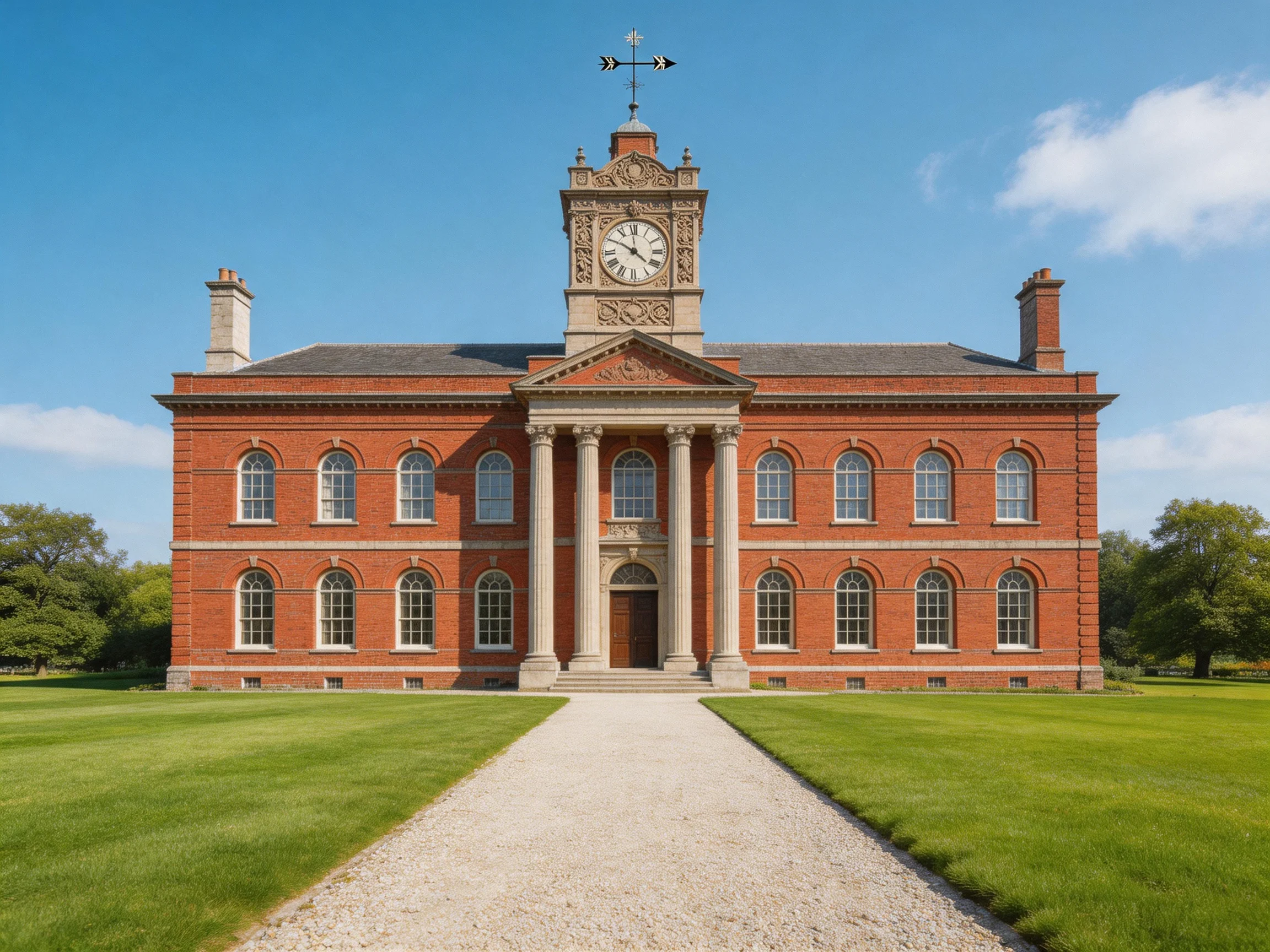 A grand red-brick historical building with a central clock tower