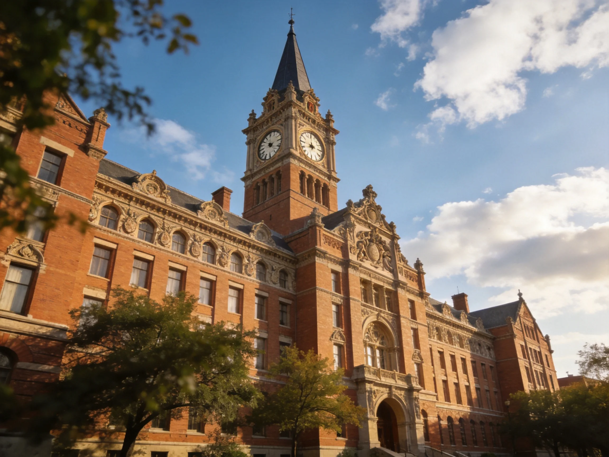 A grand red-brick historical building with a tall clock tower