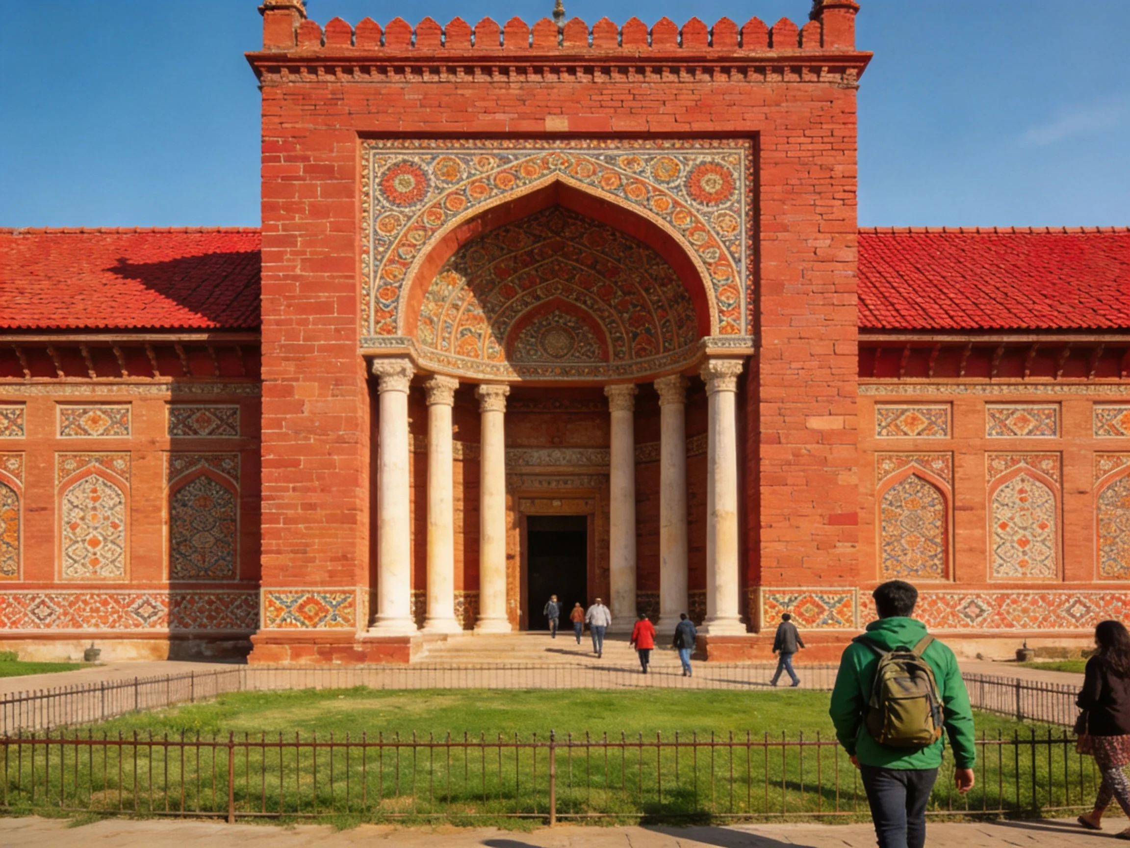 A grand red-brick historical building with ornate arches