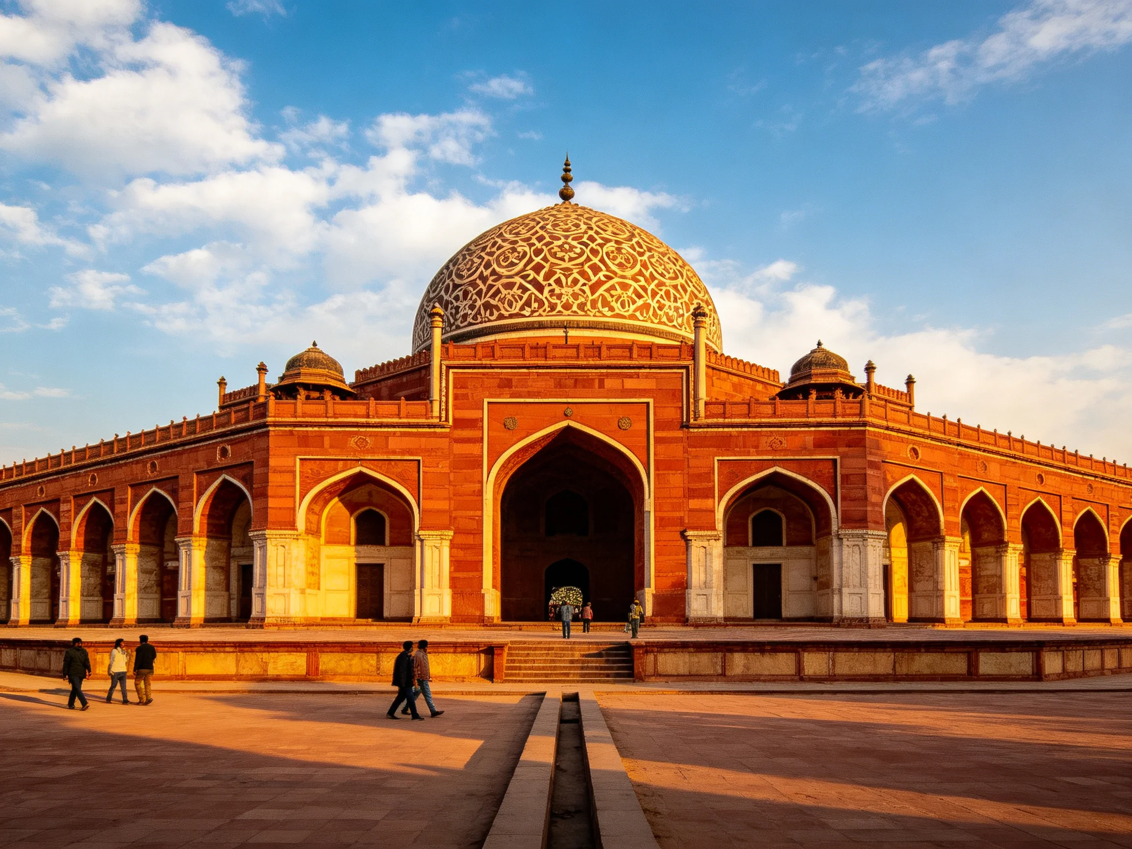 A grand red-brick historical structure with ornate golden dome