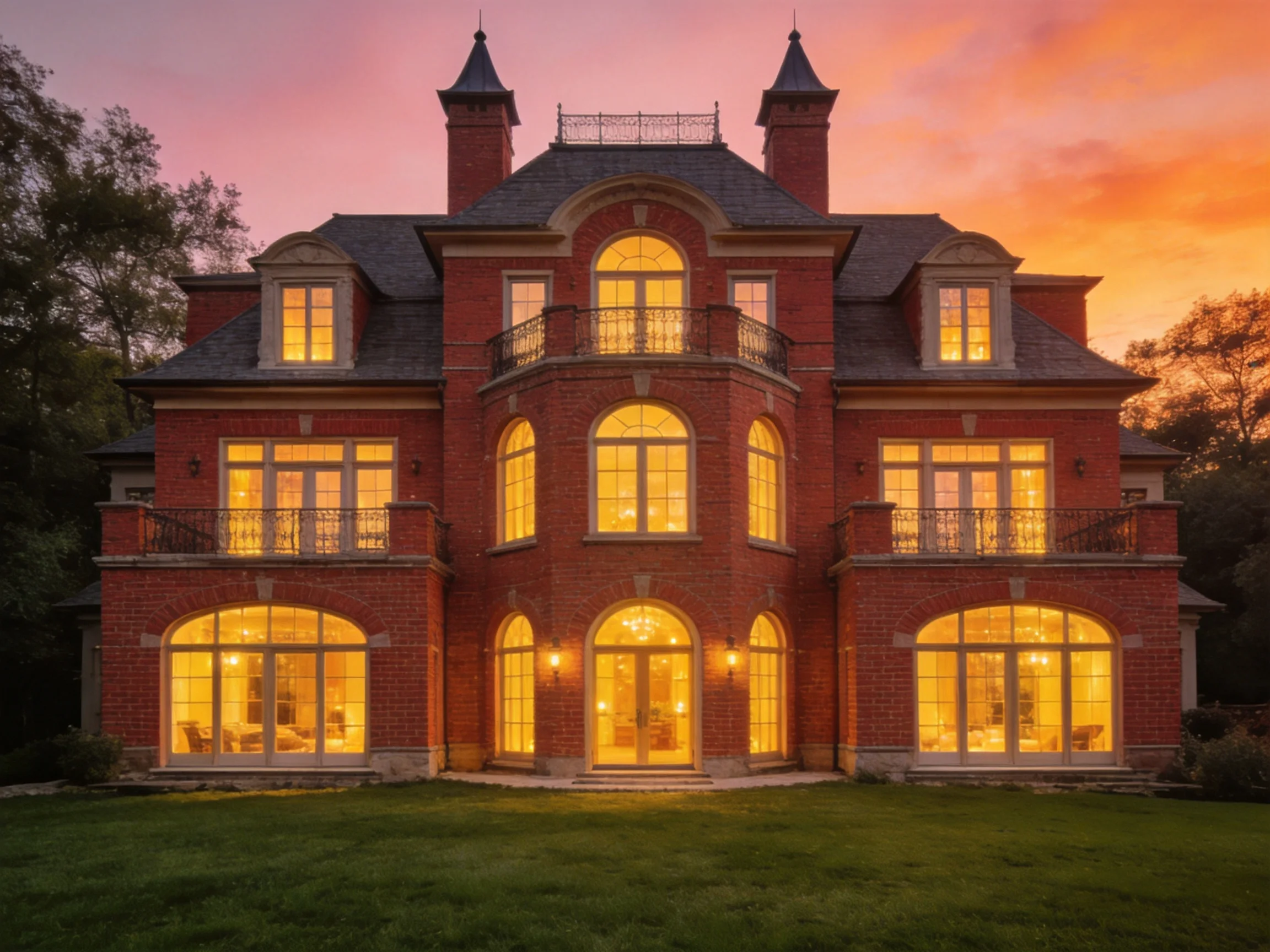 A grand red-brick mansion illuminated at dusk