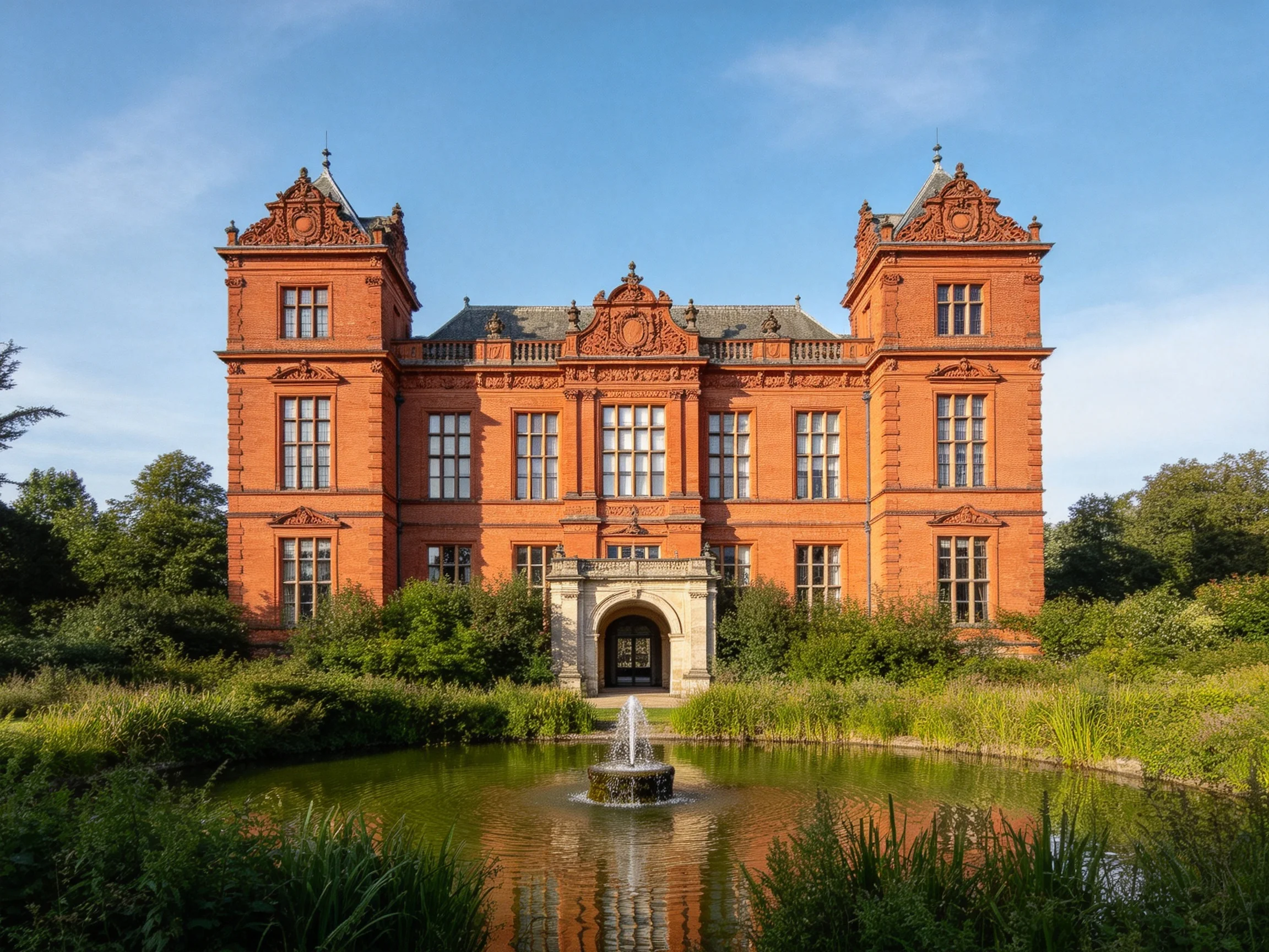 A grand red-brick mansion with ornate details beside a reflective pond