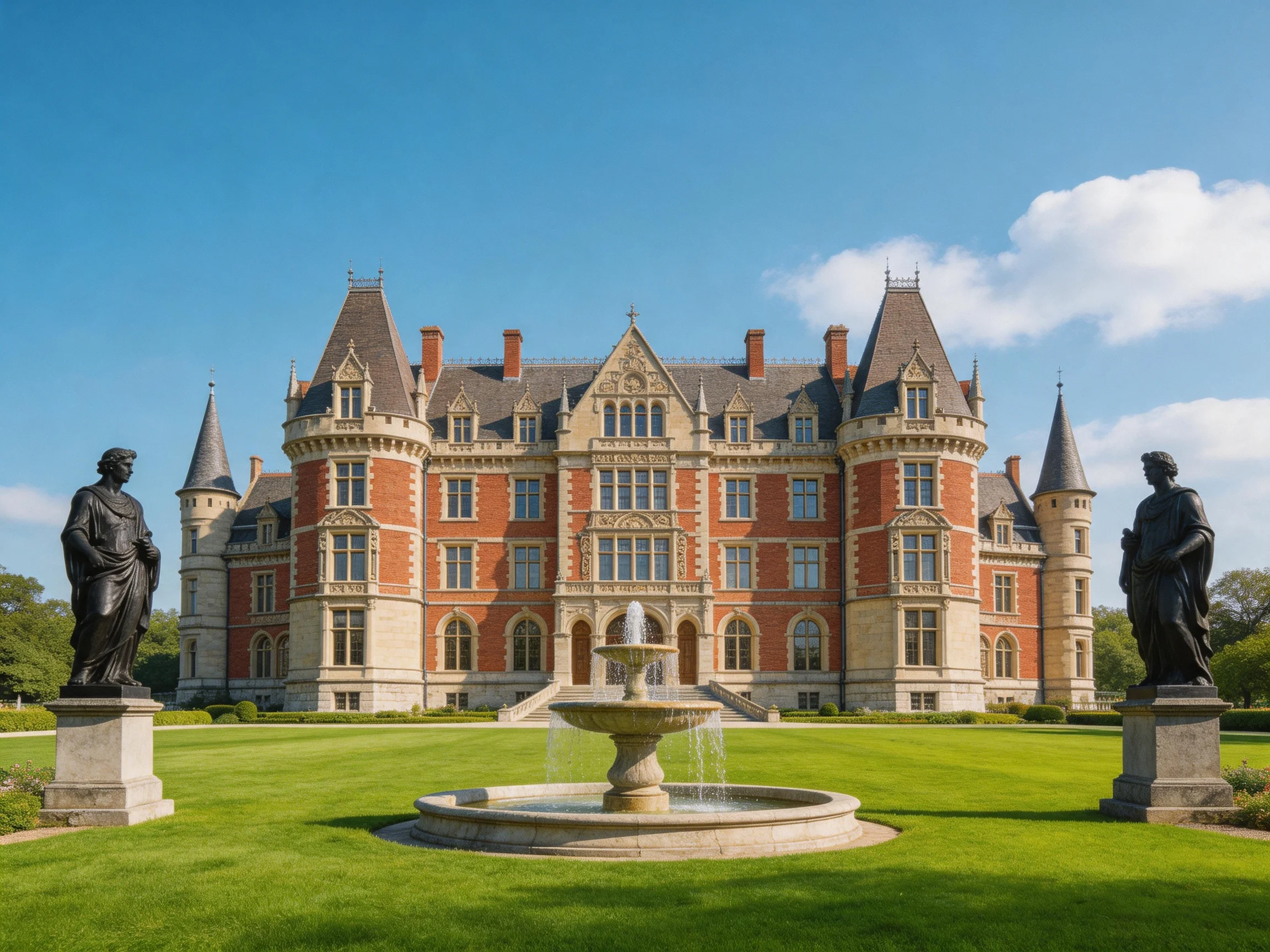 A grand red-brick mansion with stone towers and statues