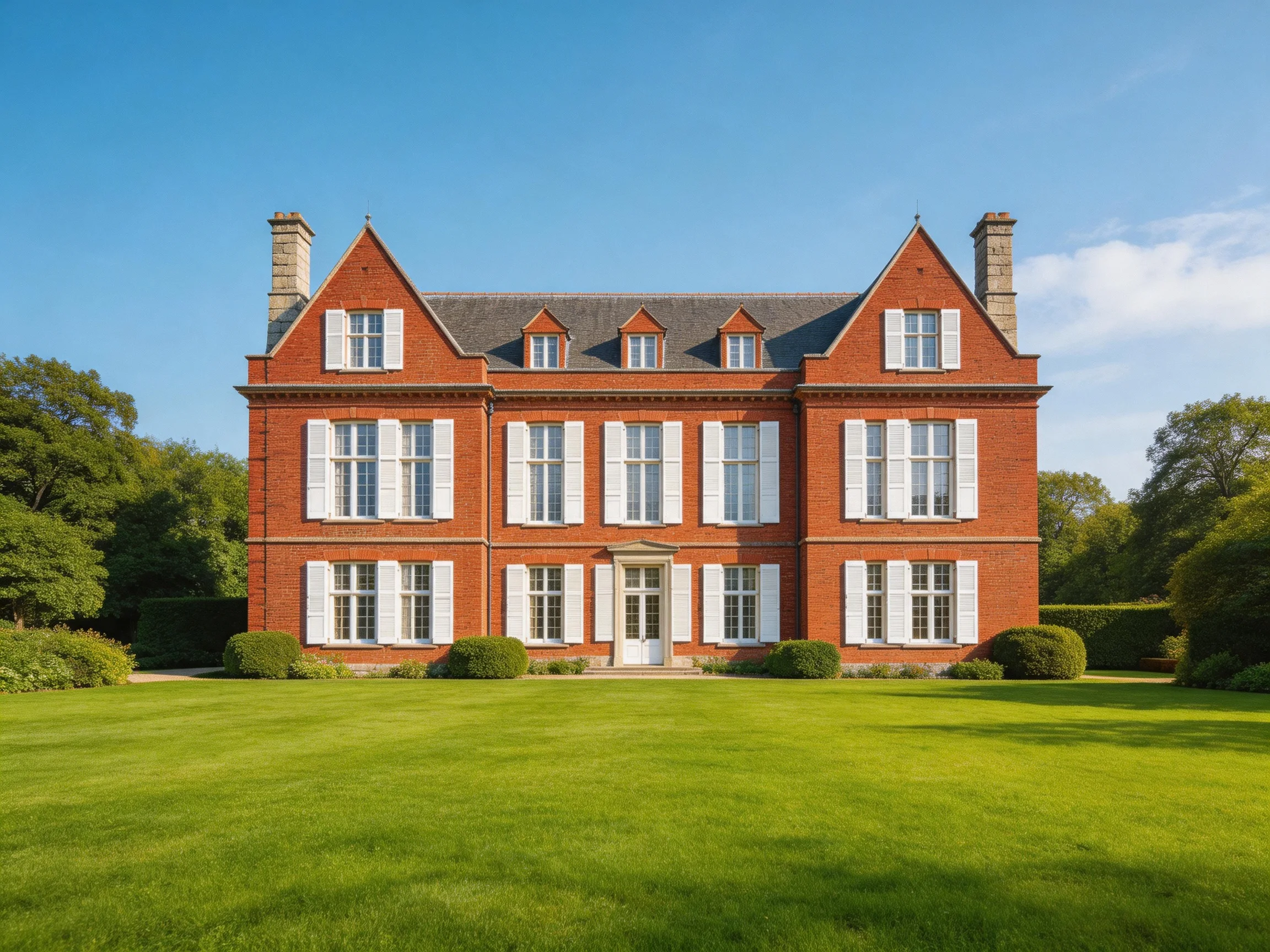 A grand red-brick mansion with white shutters on manicured lawn