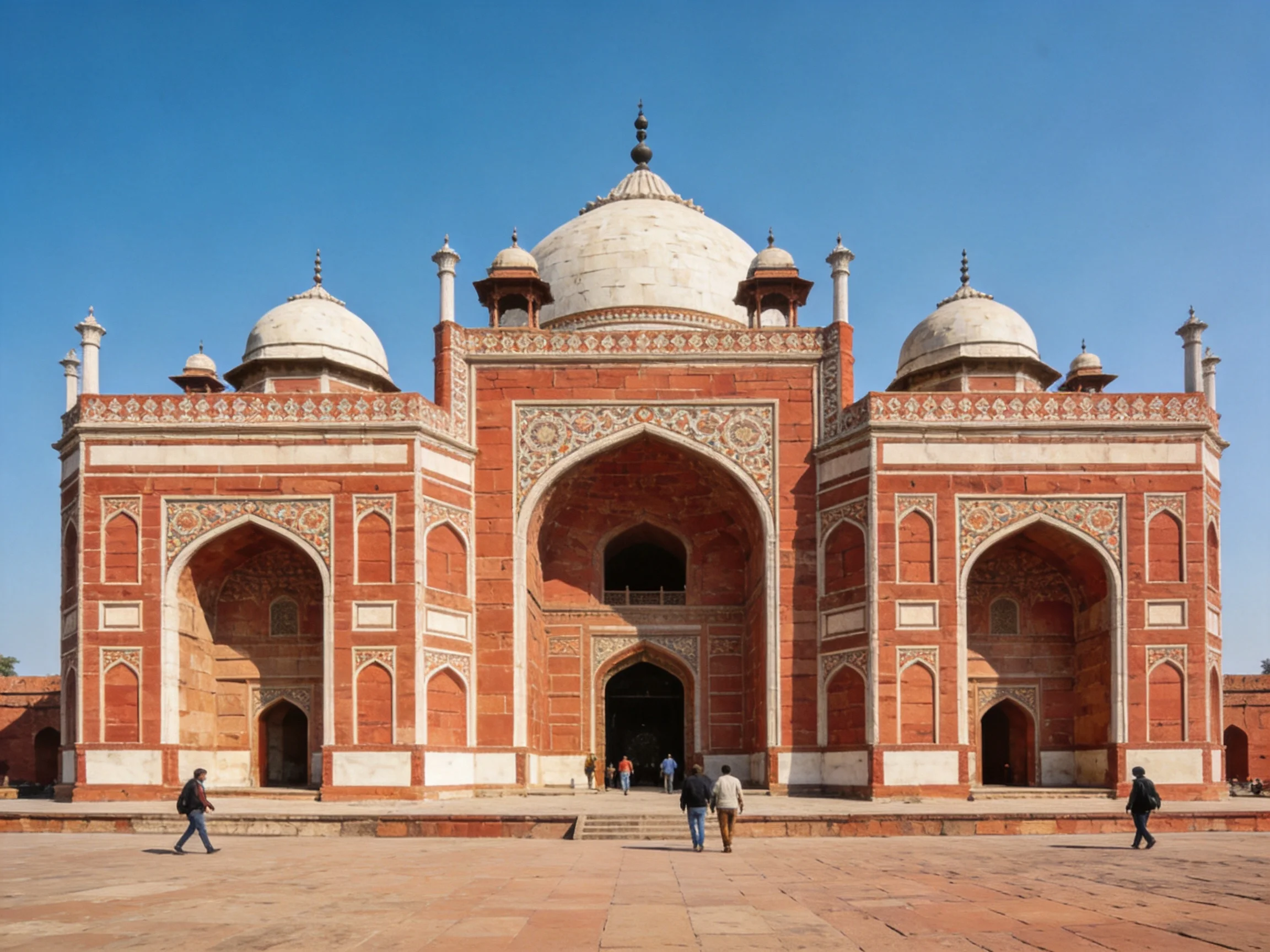 A grand red-brick mausoleum with white domes and ornate archways