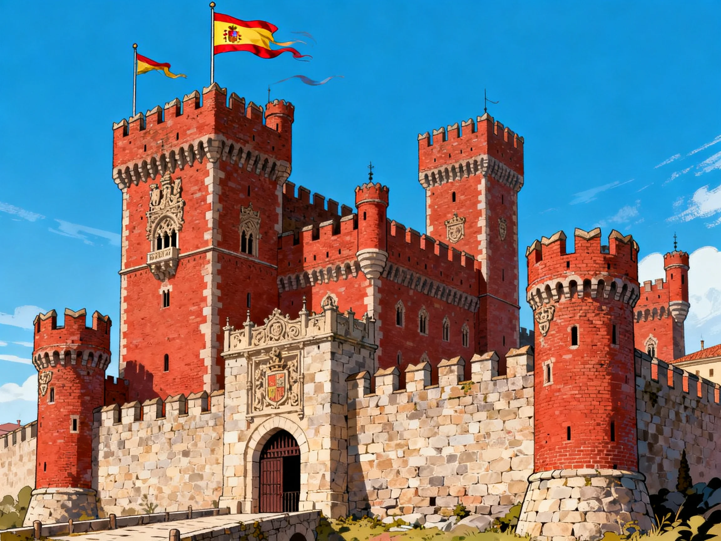 A grand red-brick medieval castle with stone fortifications