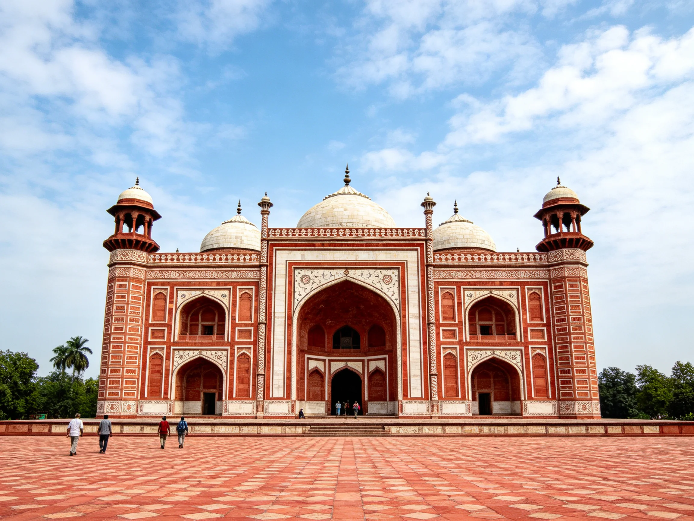 A grand red-brick monument with white accents and domes