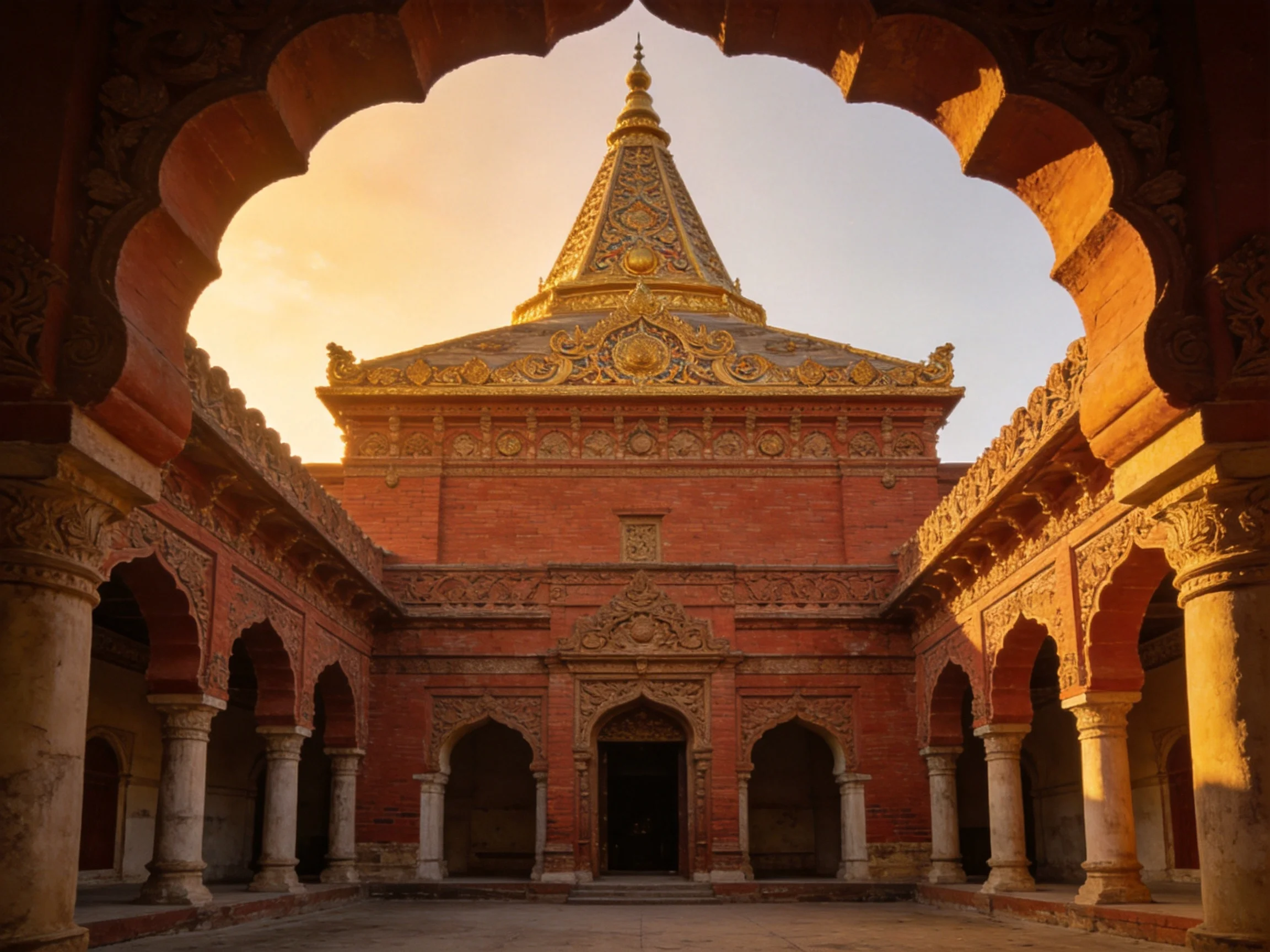 A grand red-brick temple with ornate golden spire and archways