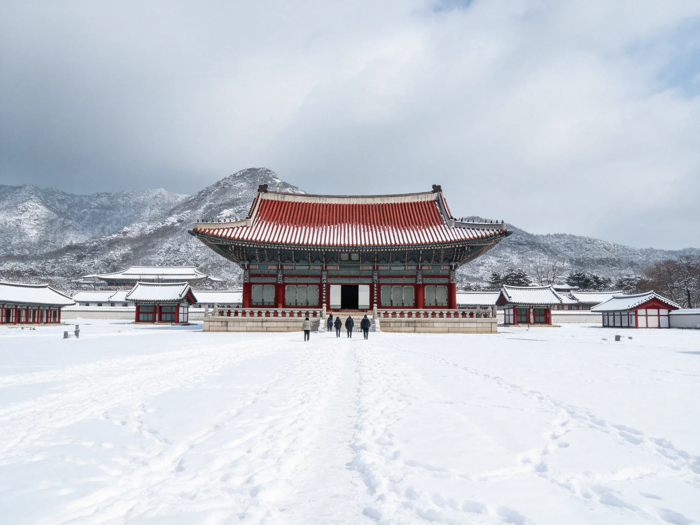 A grand red-roofed temple in a snowy courtyard with mountains