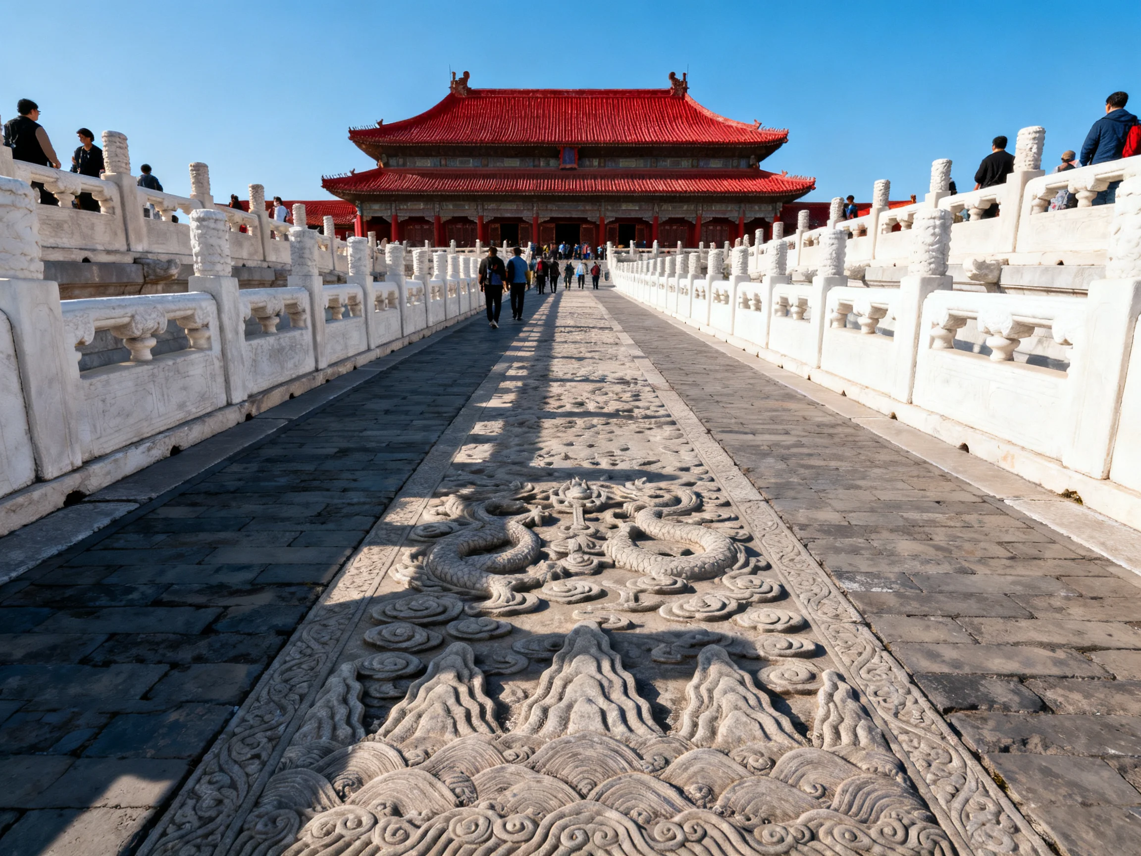 A grand red-roofed temple with white railings and ornate stone walkway