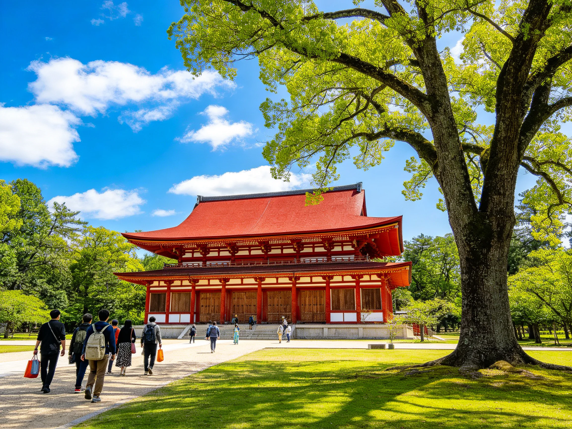 A grand red traditional temple amid lush green trees and visitors