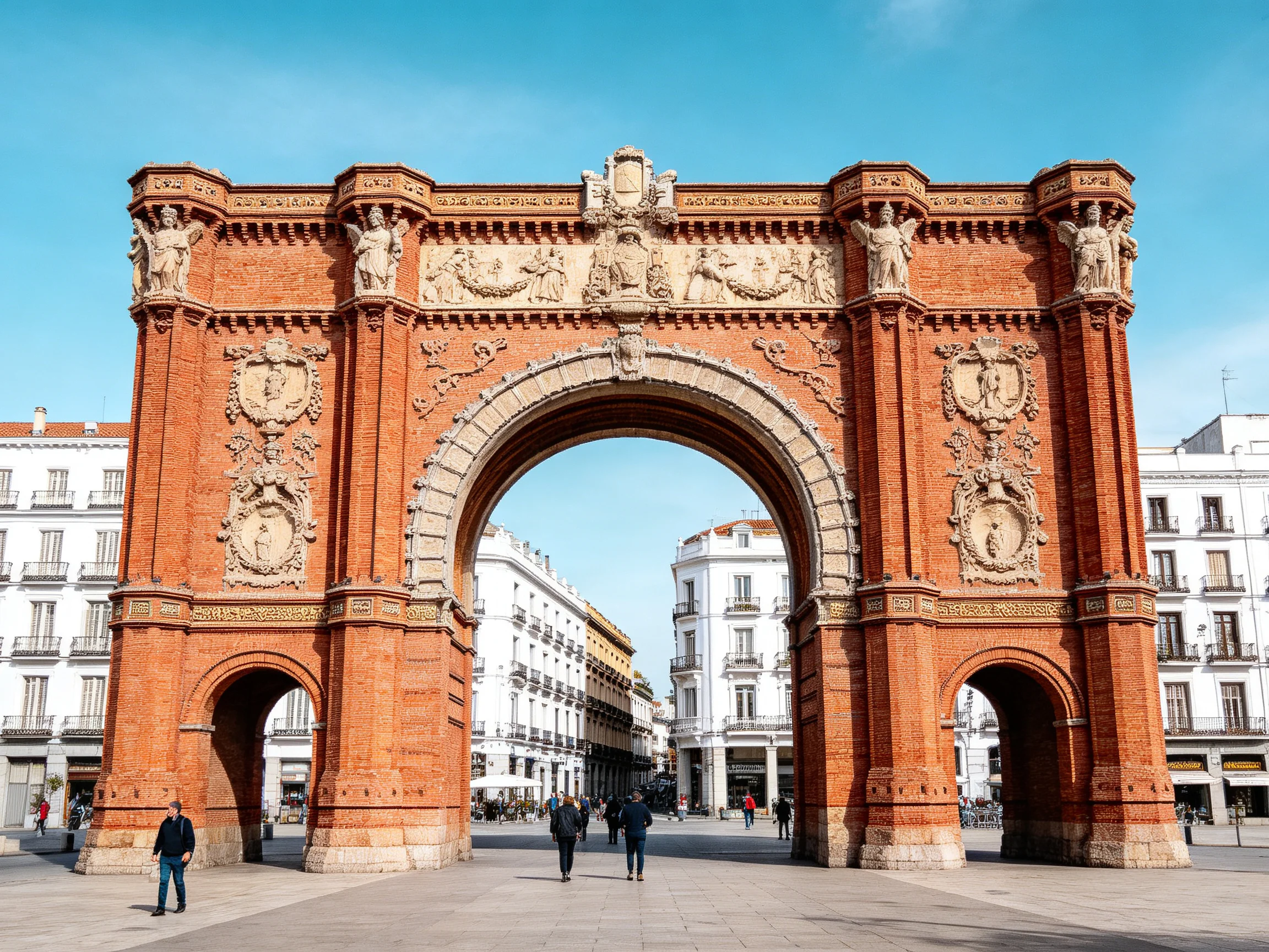A grand reddish-brown brick triumphal arch in a bustling city square