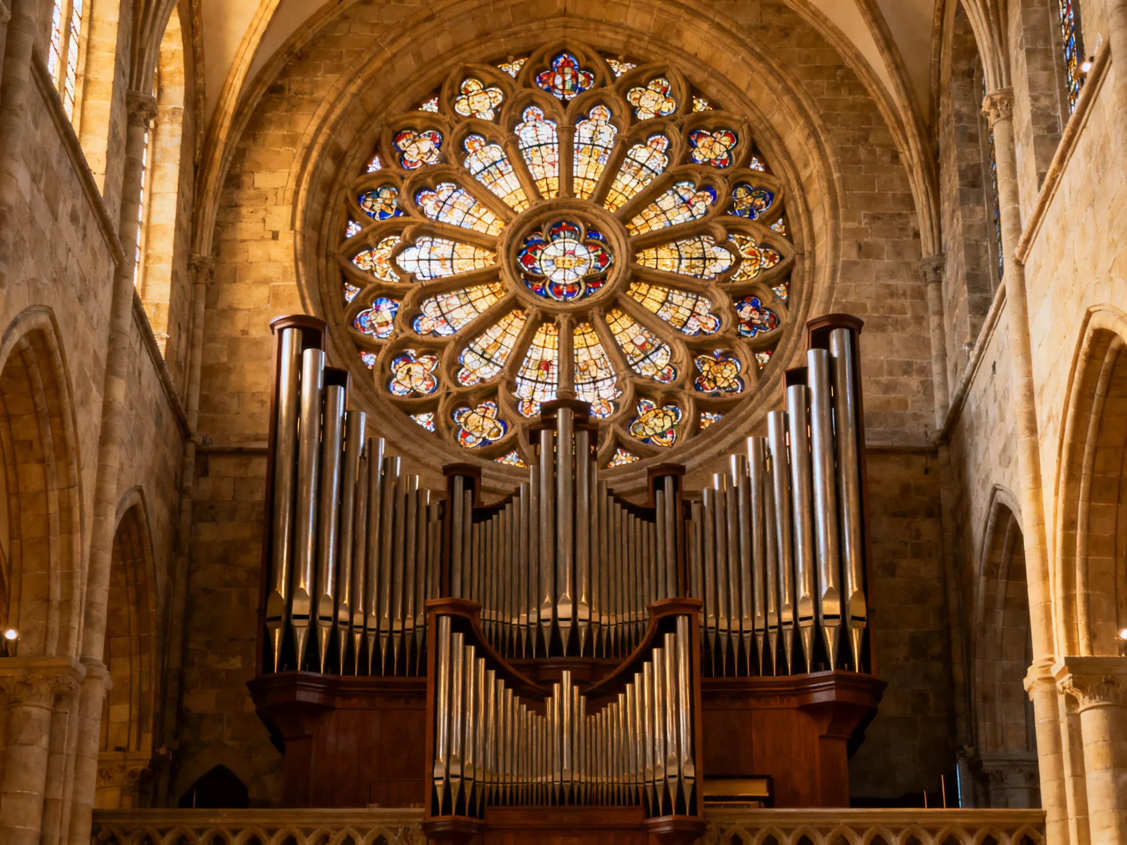 A grand rose window with colorful stained glass above an ornate pipe organ