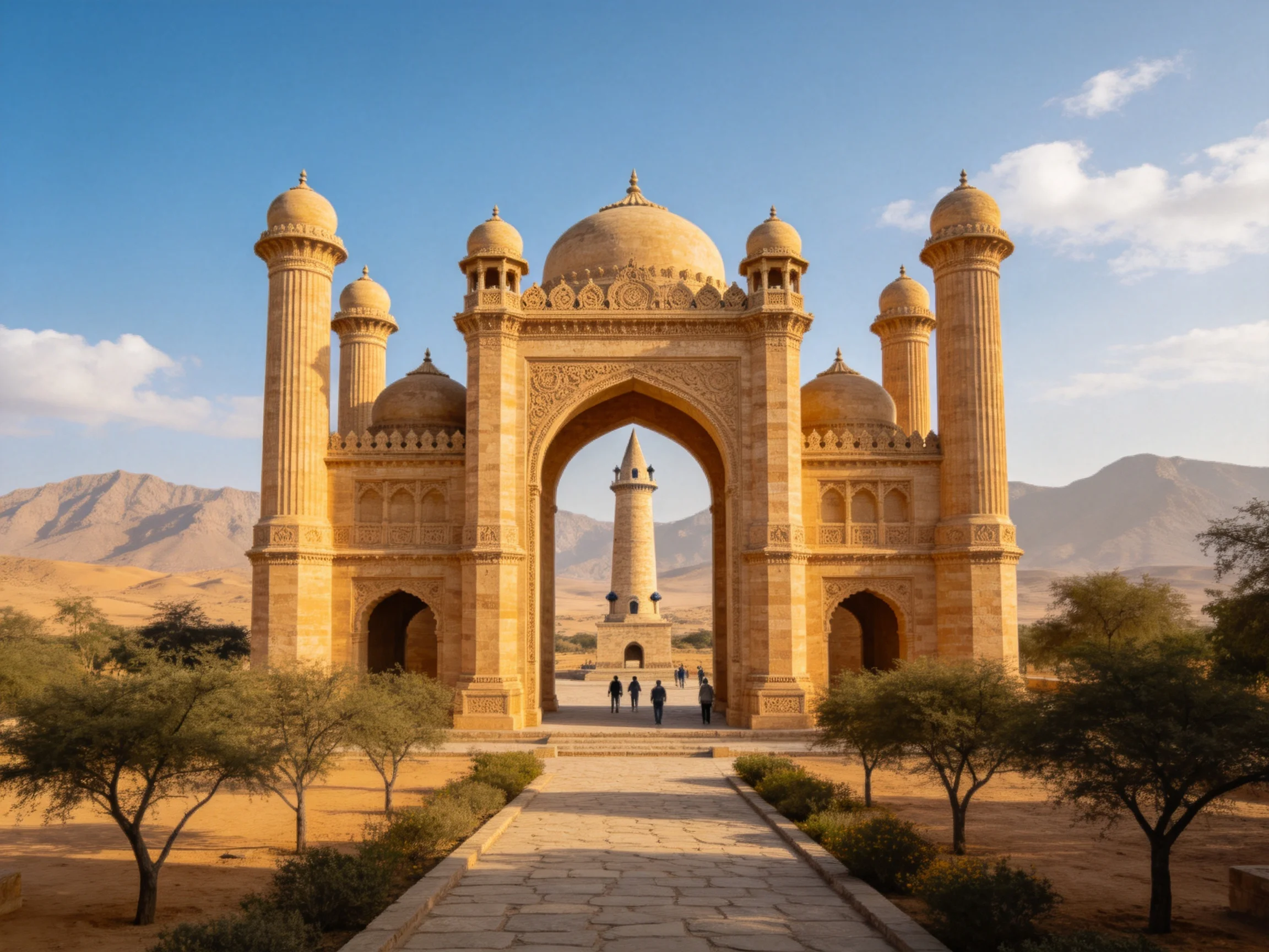 A grand sandstone archway in a desert landscape with distant mountains