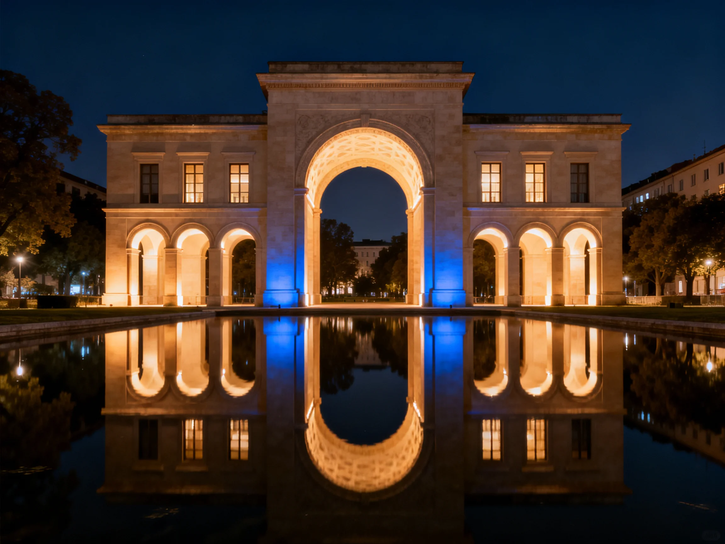 A grand stone archway lit with gold and blue, reflected in still water