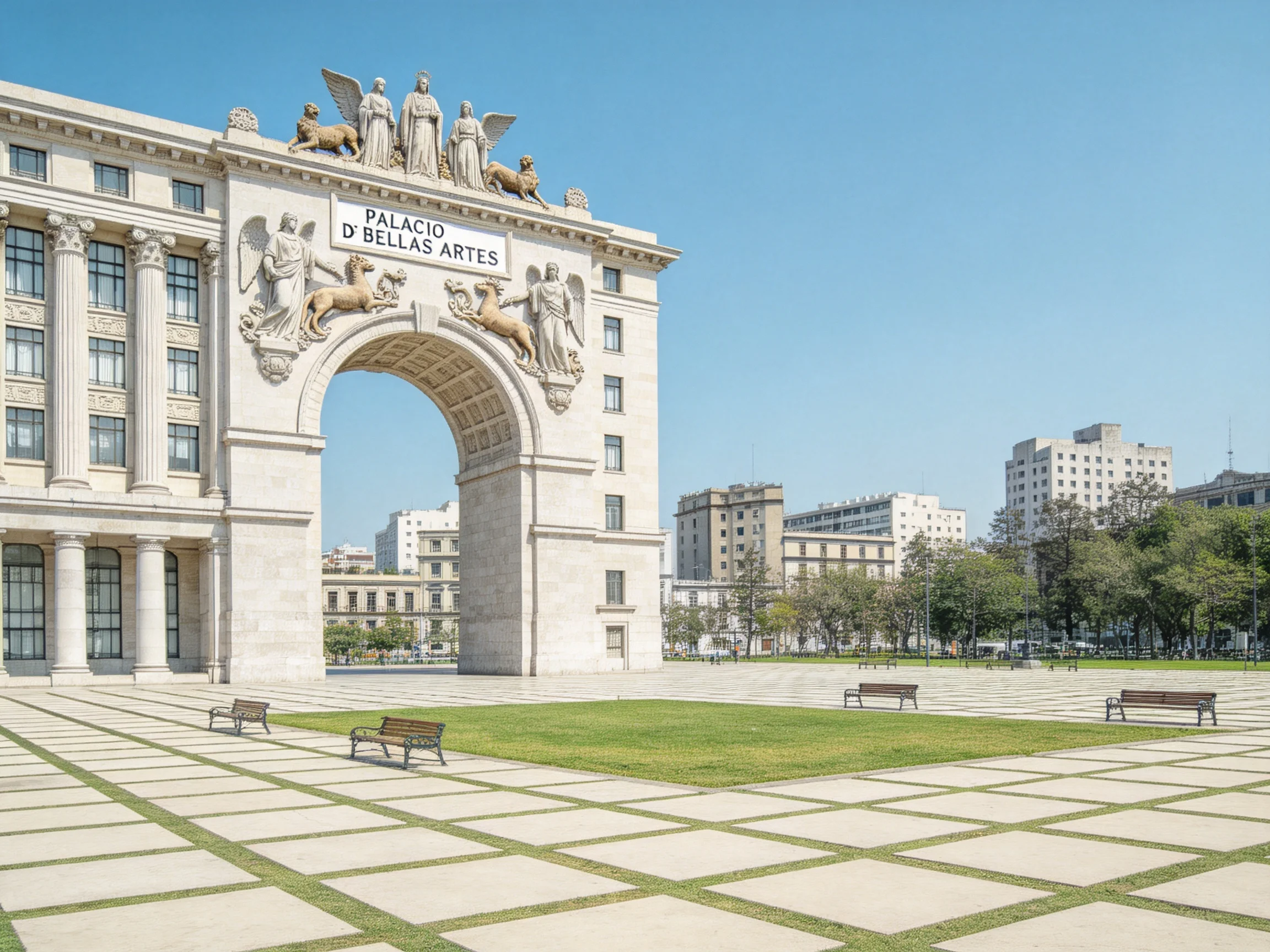 A grand stone archway of Palacio D Bellas Artes near a green plaza