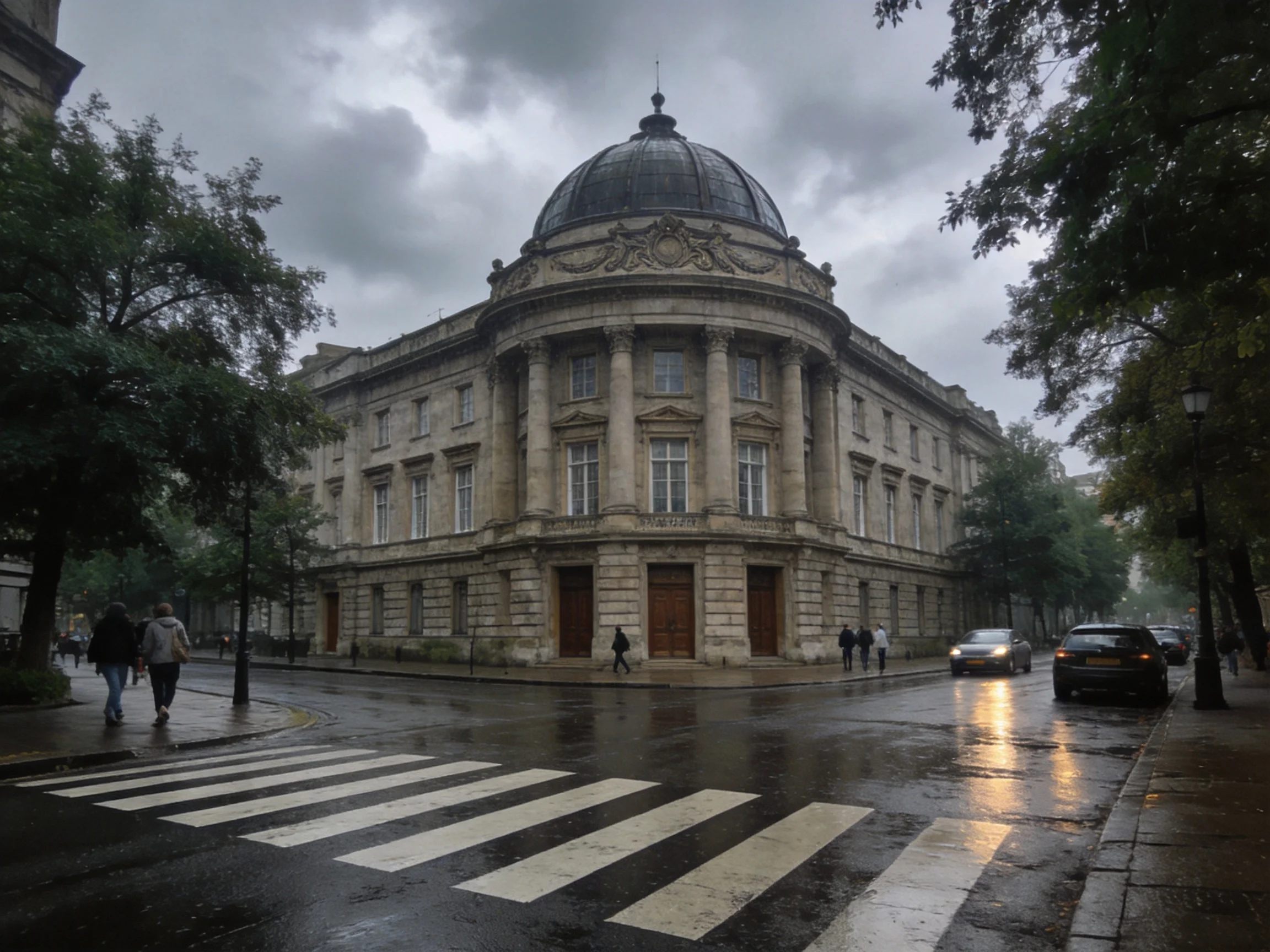 A grand stone building with a domed roof near a rainy city intersection