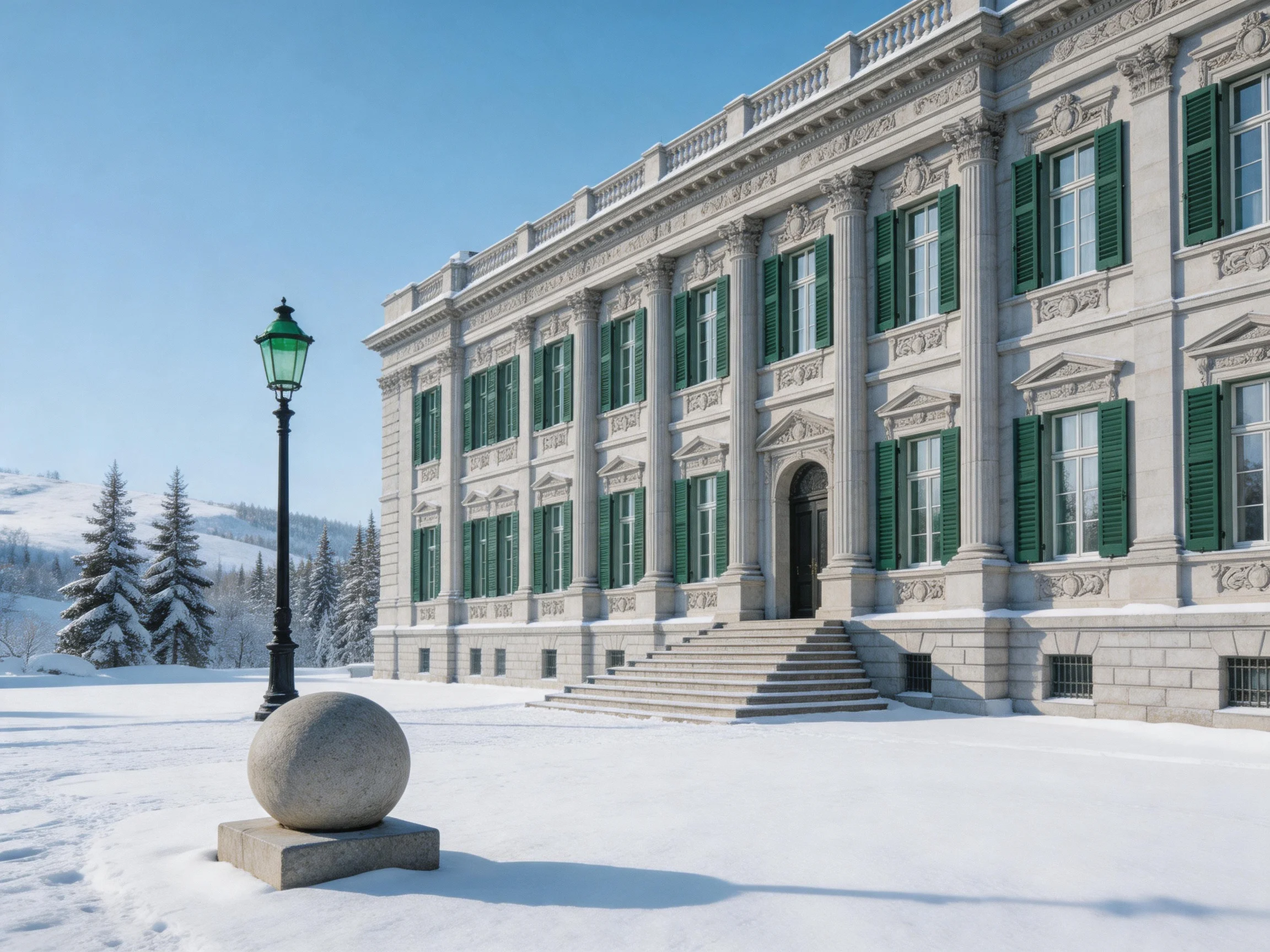 A grand stone building with green shutters in a snowy winter landscape