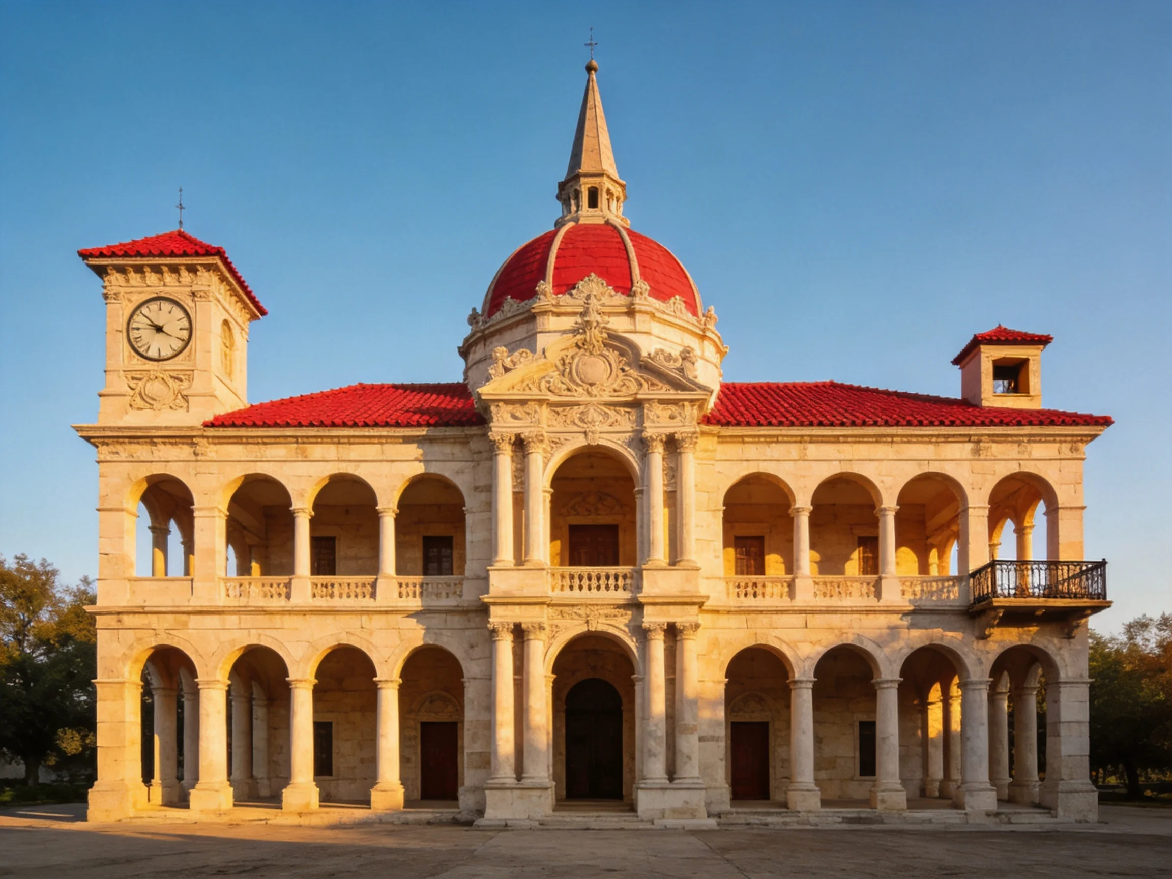 A grand stone building with red domes and archways