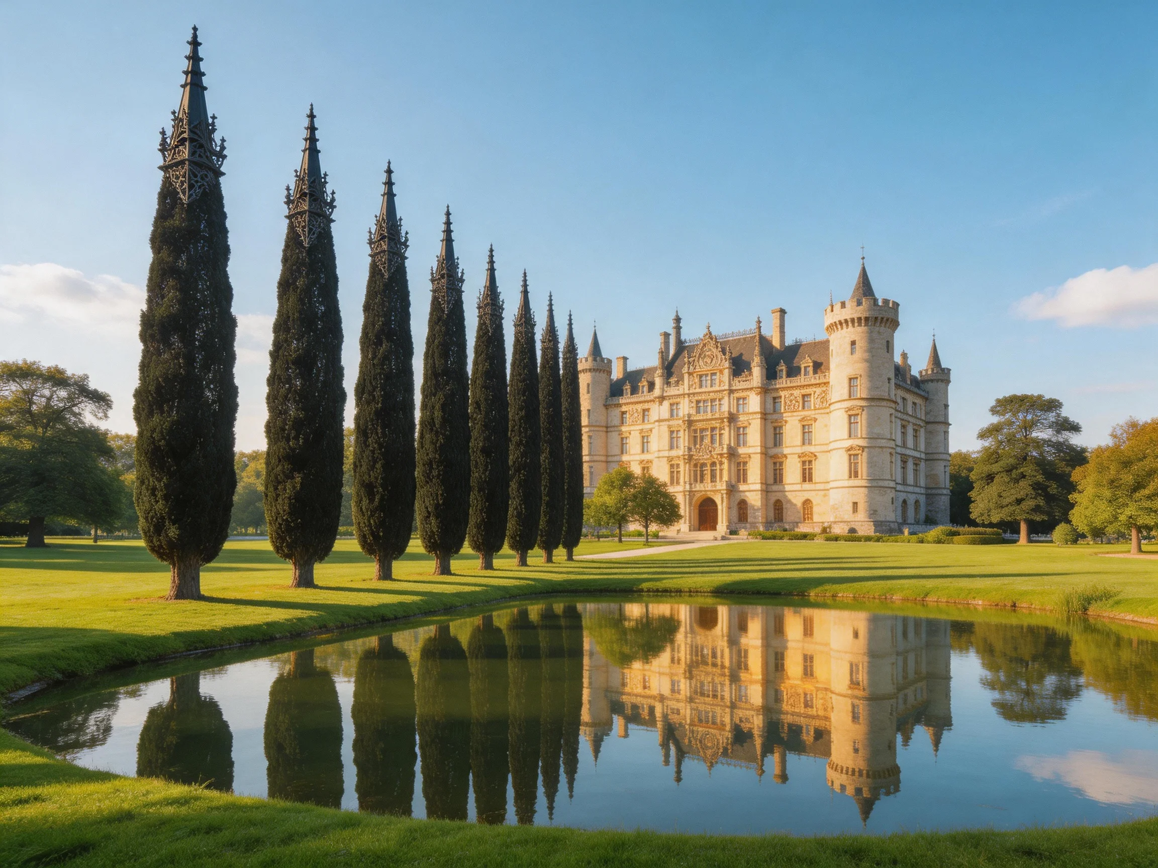 A grand stone castle beside tall dark cypresses near a reflective pond