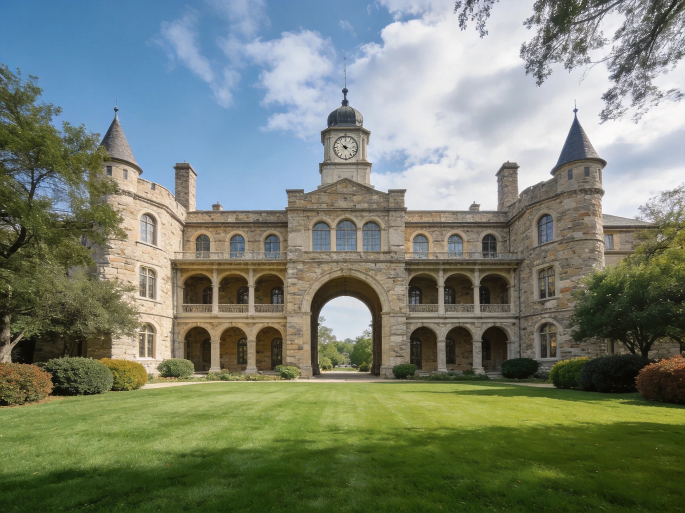 A grand stone castle - like building with a central clock tower and arched entrance