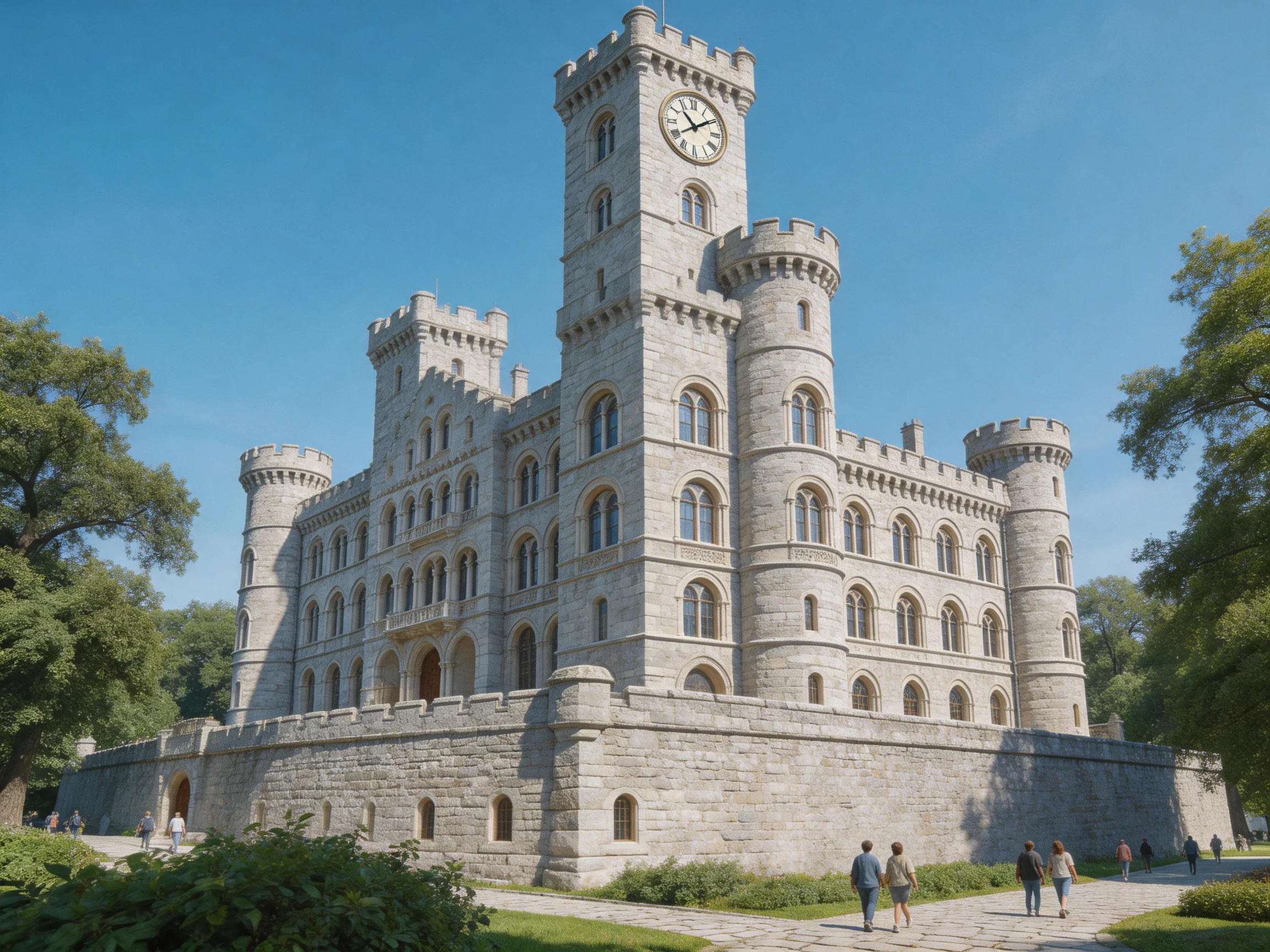 A grand stone castle with a tall clock tower under clear blue skies
