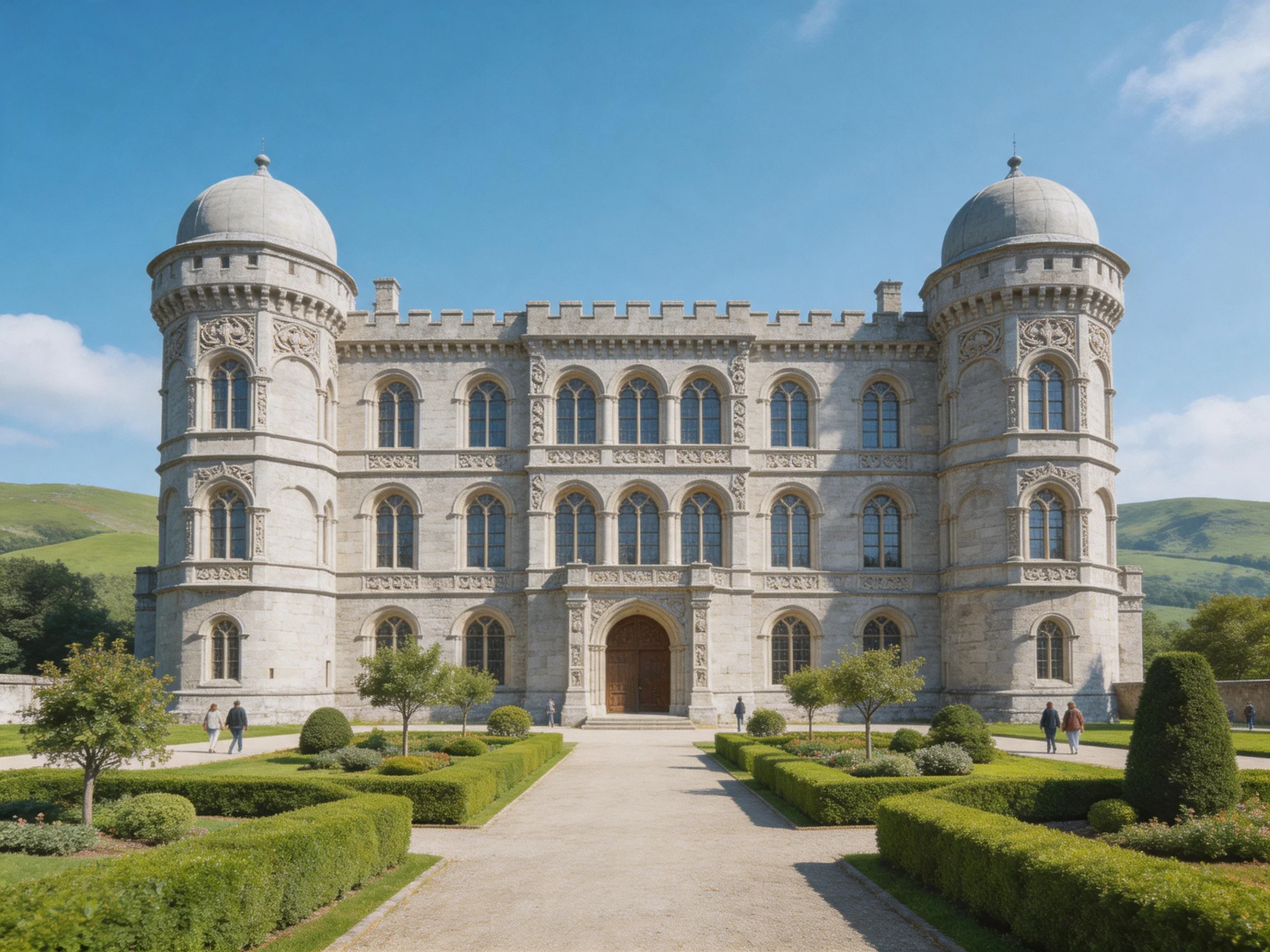 A grand stone castle with domed towers and formal gardens