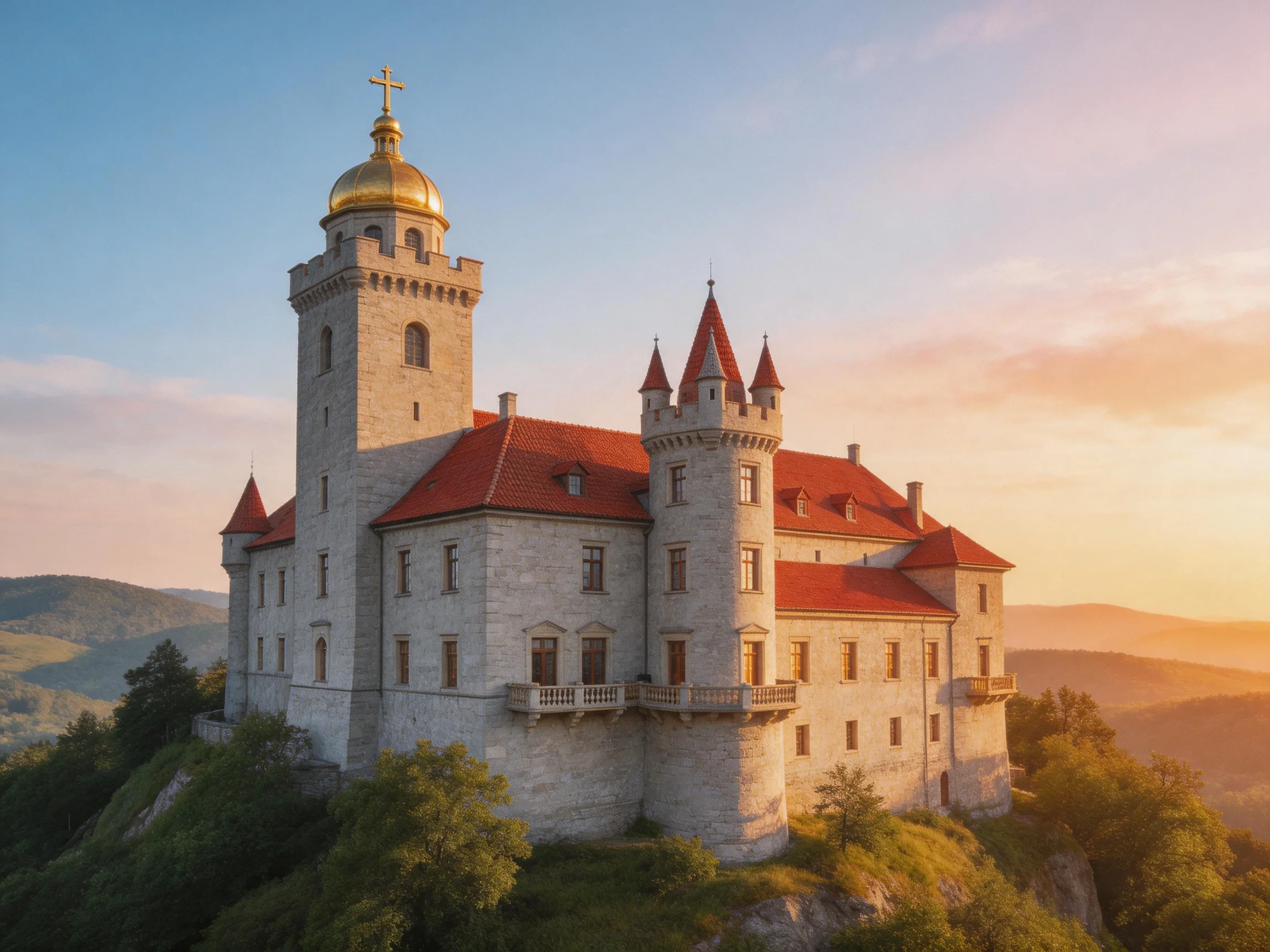 A grand stone castle with golden dome and red roofs atop a hill