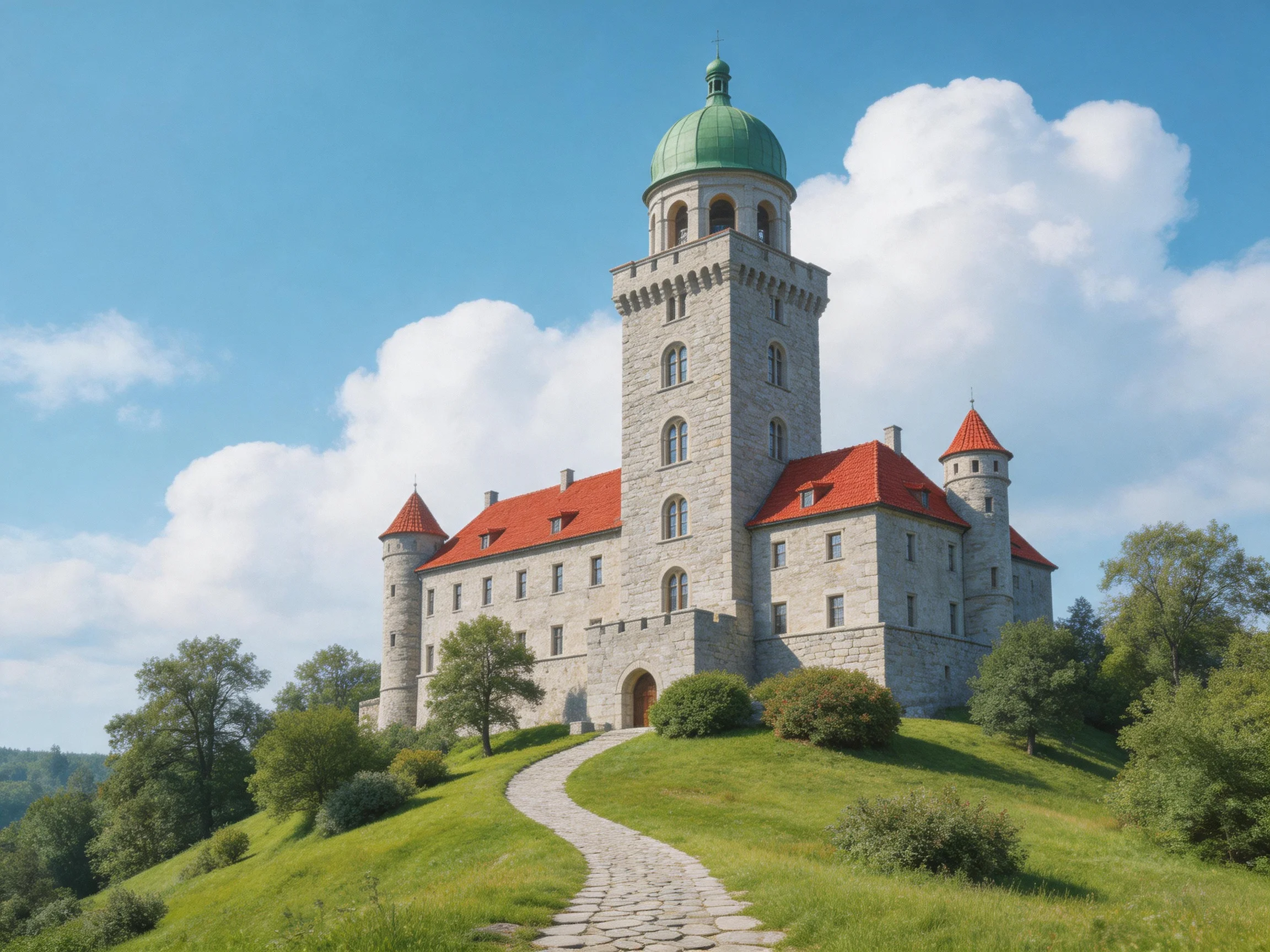 A grand stone castle with green dome and red roofs atop a lush hill
