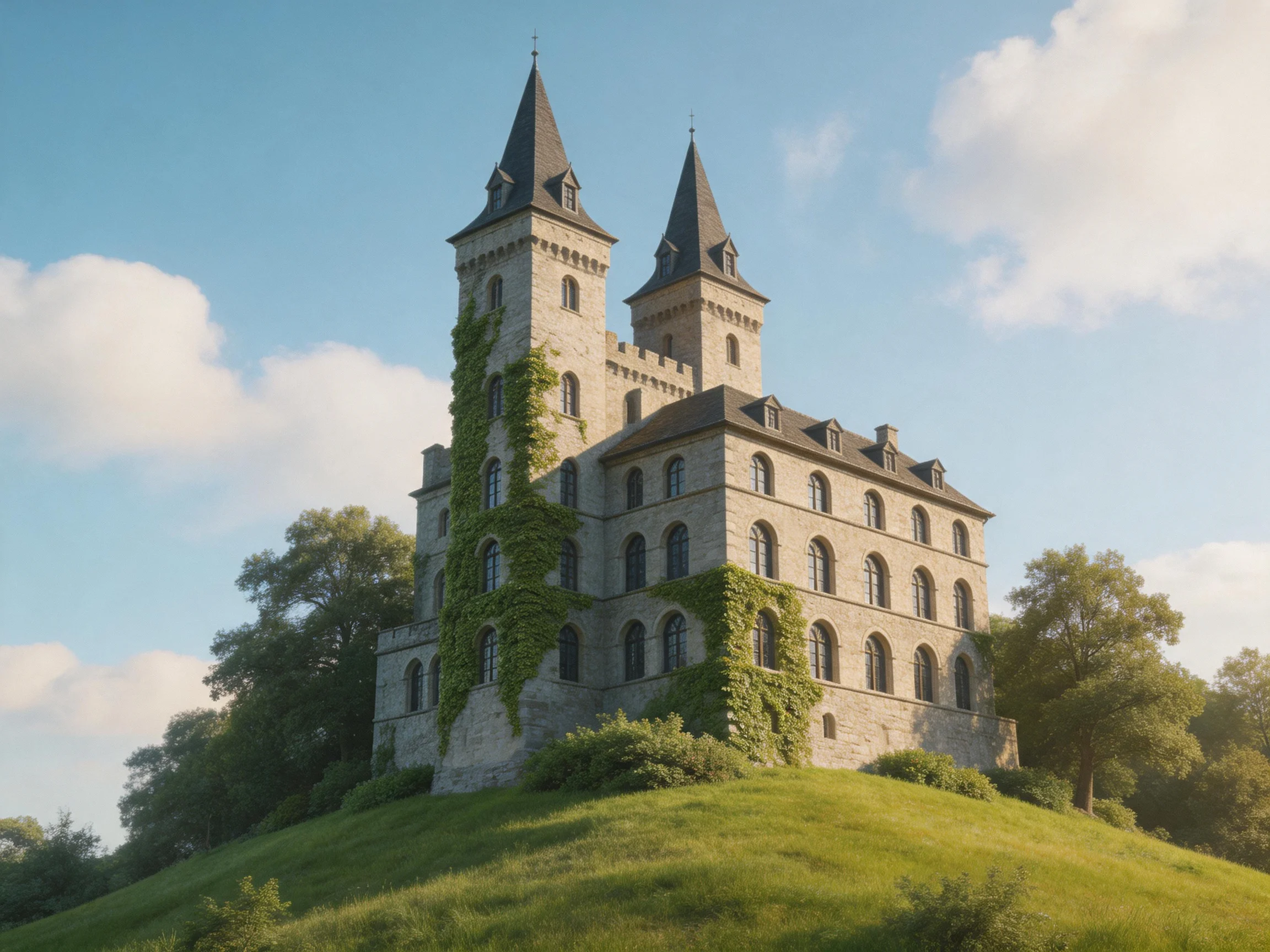 A grand stone castle with ivy-covered walls atop a lush hill