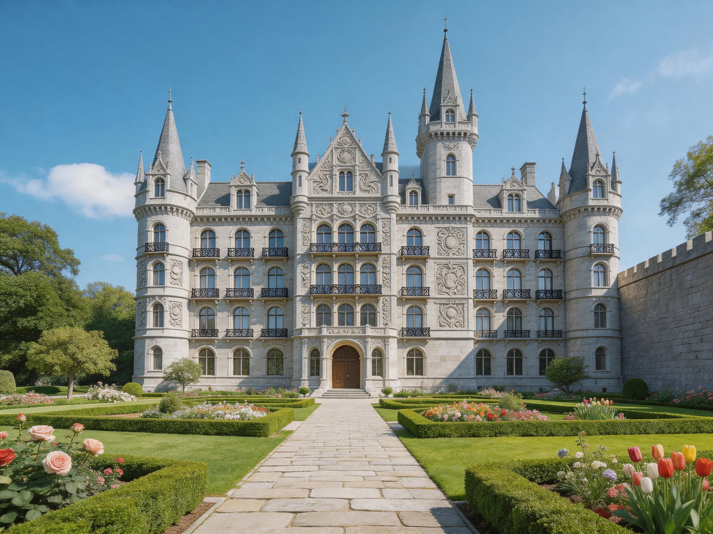 A grand stone castle with ornate architecture and colorful gardens