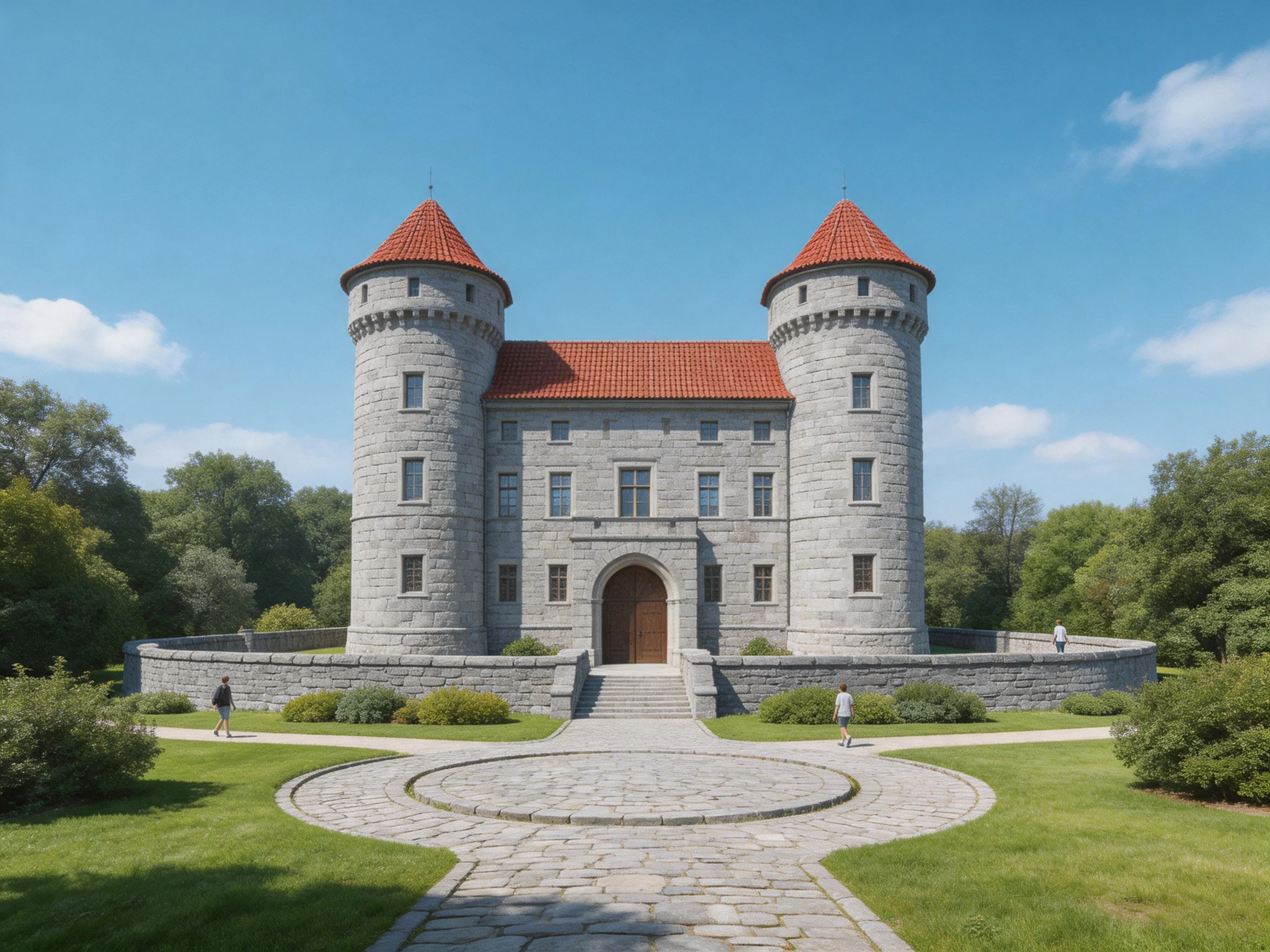 A grand stone castle with red-tiled towers amidst lush greenery