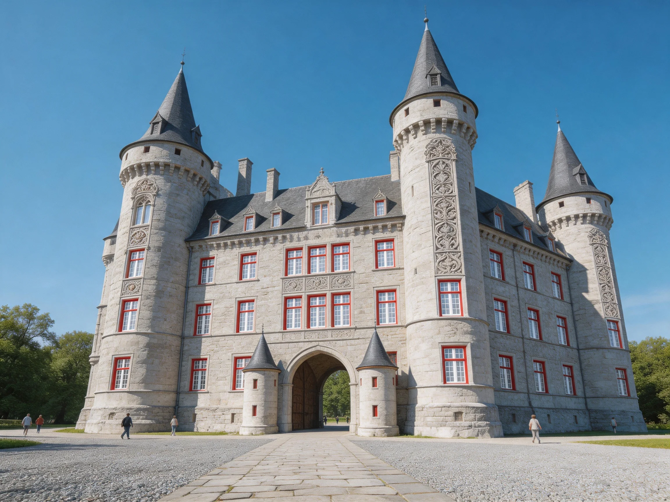 A grand stone castle with red-trimmed windows and tall spires