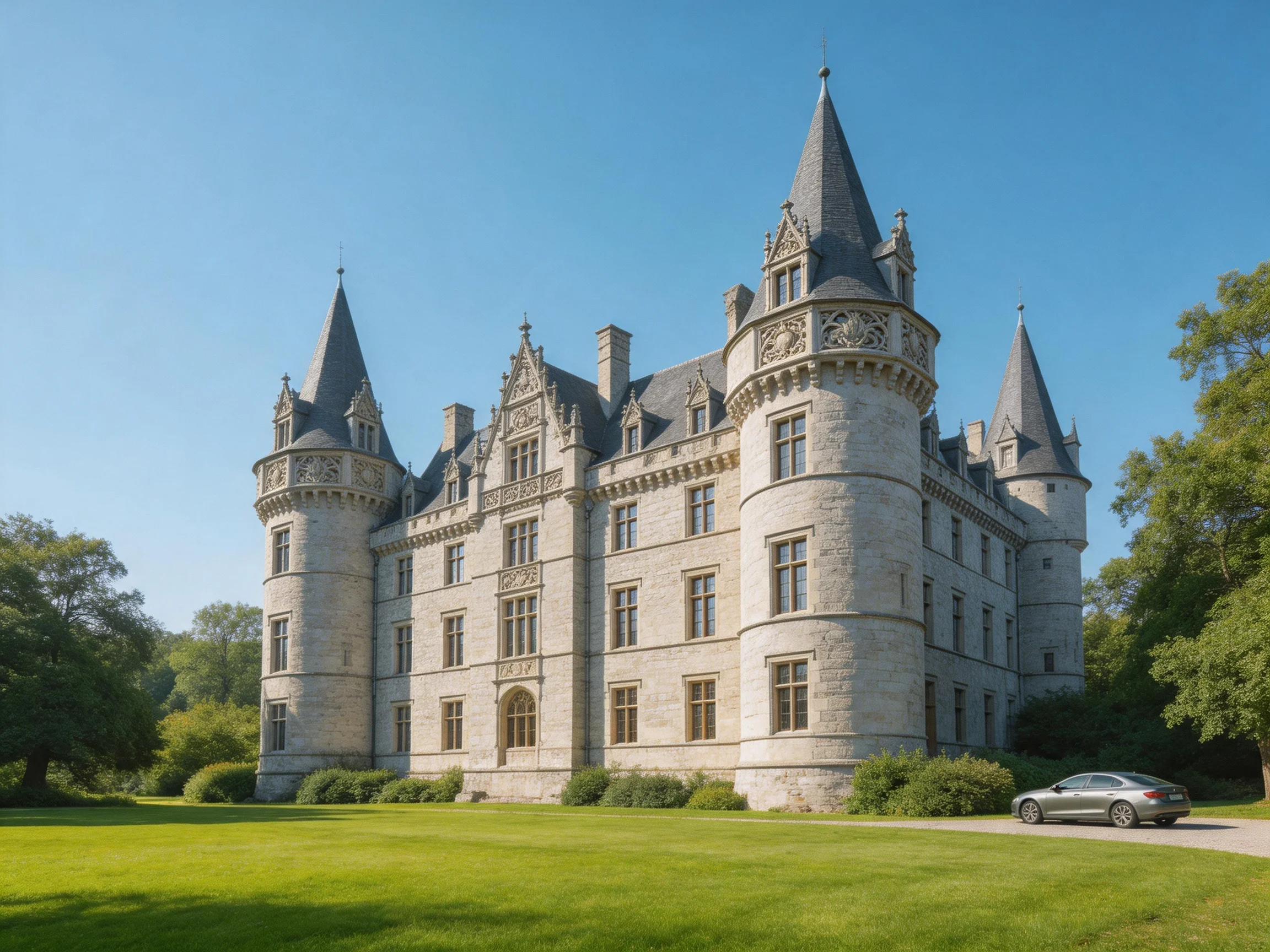 A grand stone castle with tall spires near green lawn