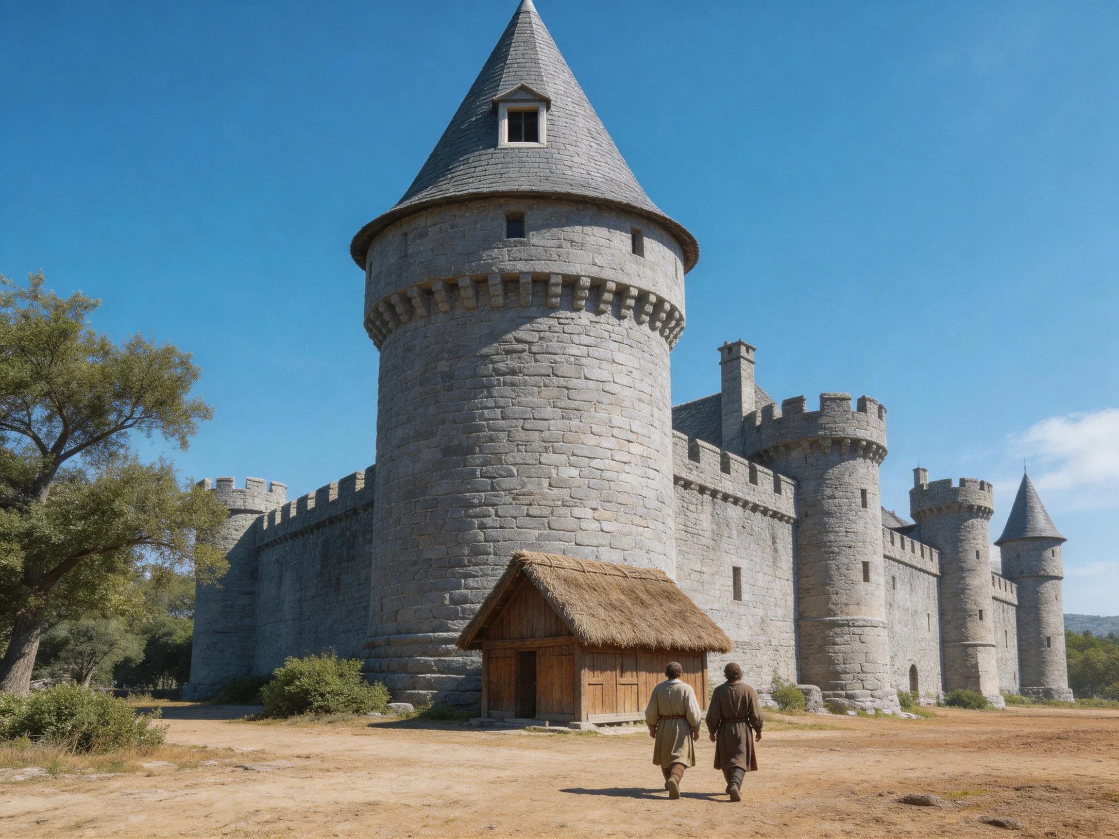 A grand stone castle with tall towers near a small wooden hut