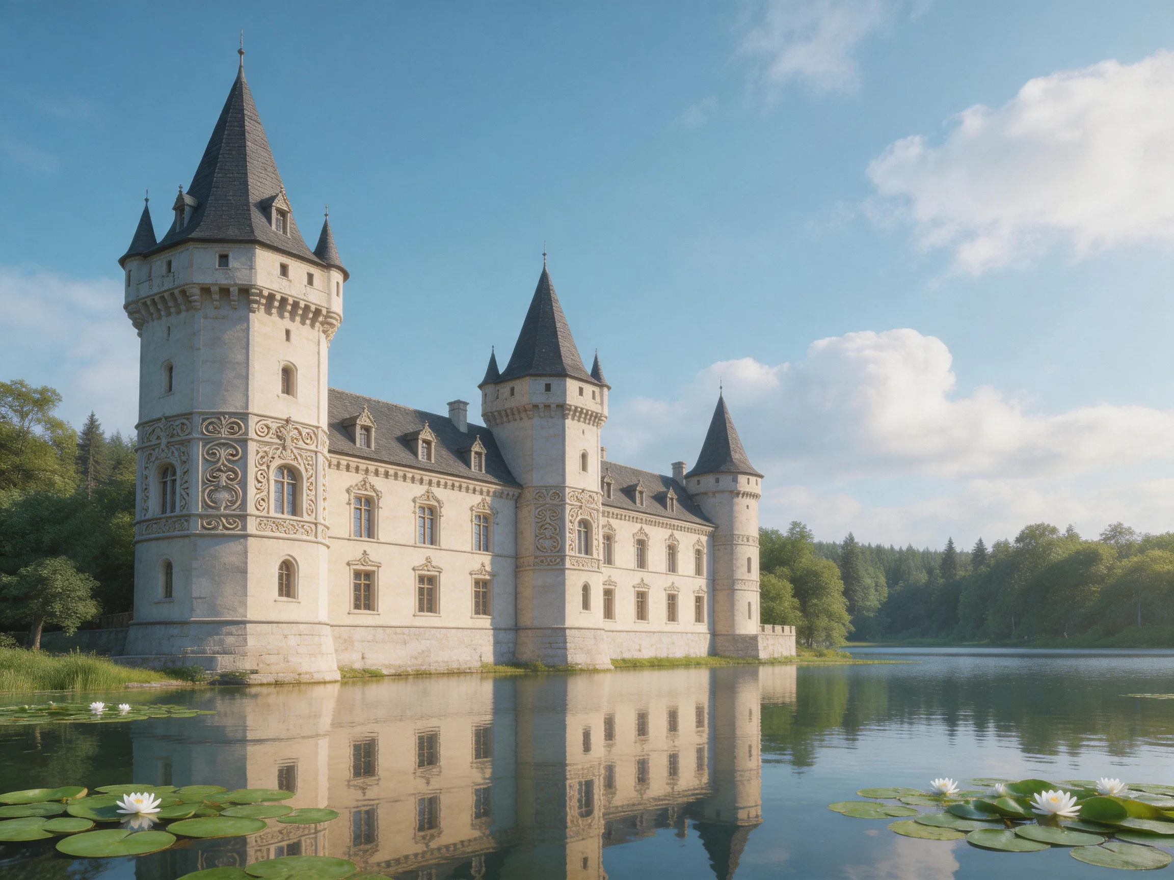 A grand stone castle with three towers reflects in calm blue waters