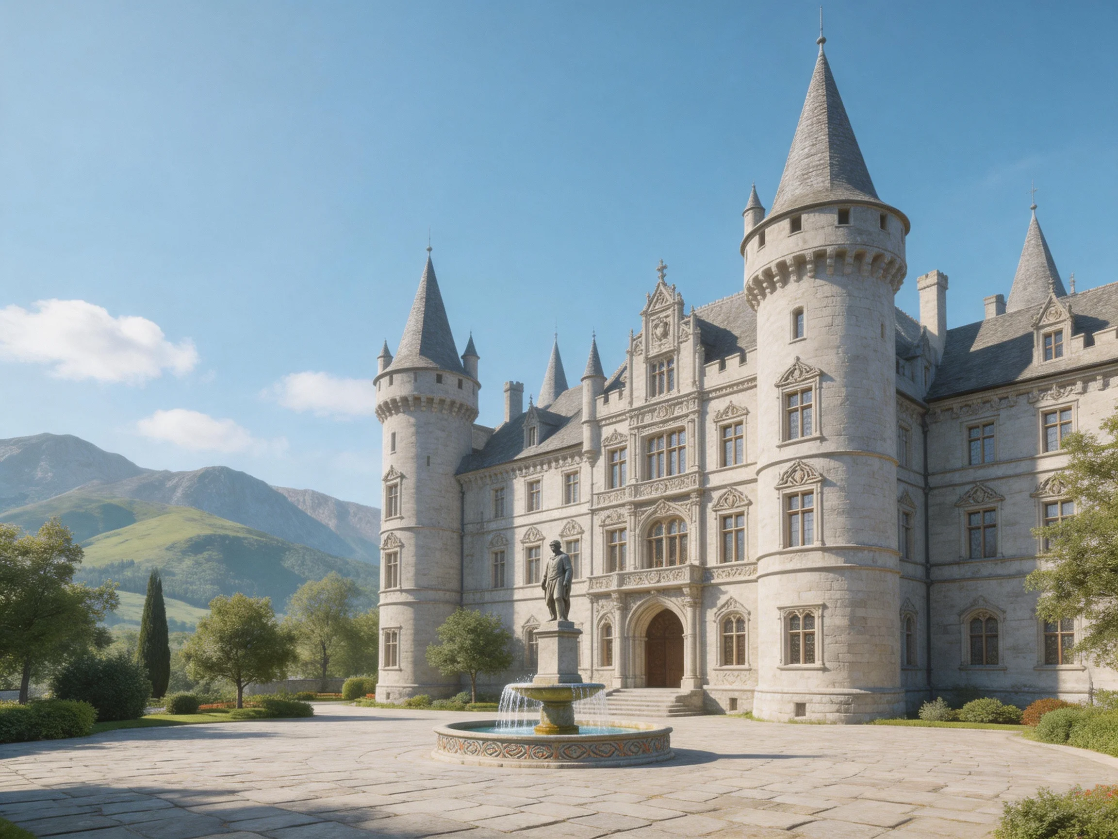 A grand stone castle with towers near a fountain and mountains