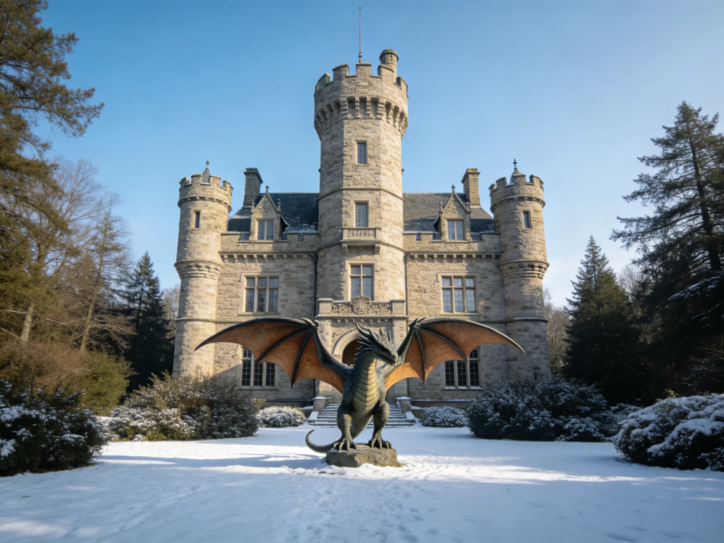 A grand stone castle with towers stands before a large bronze dragon statue in a snowy yard