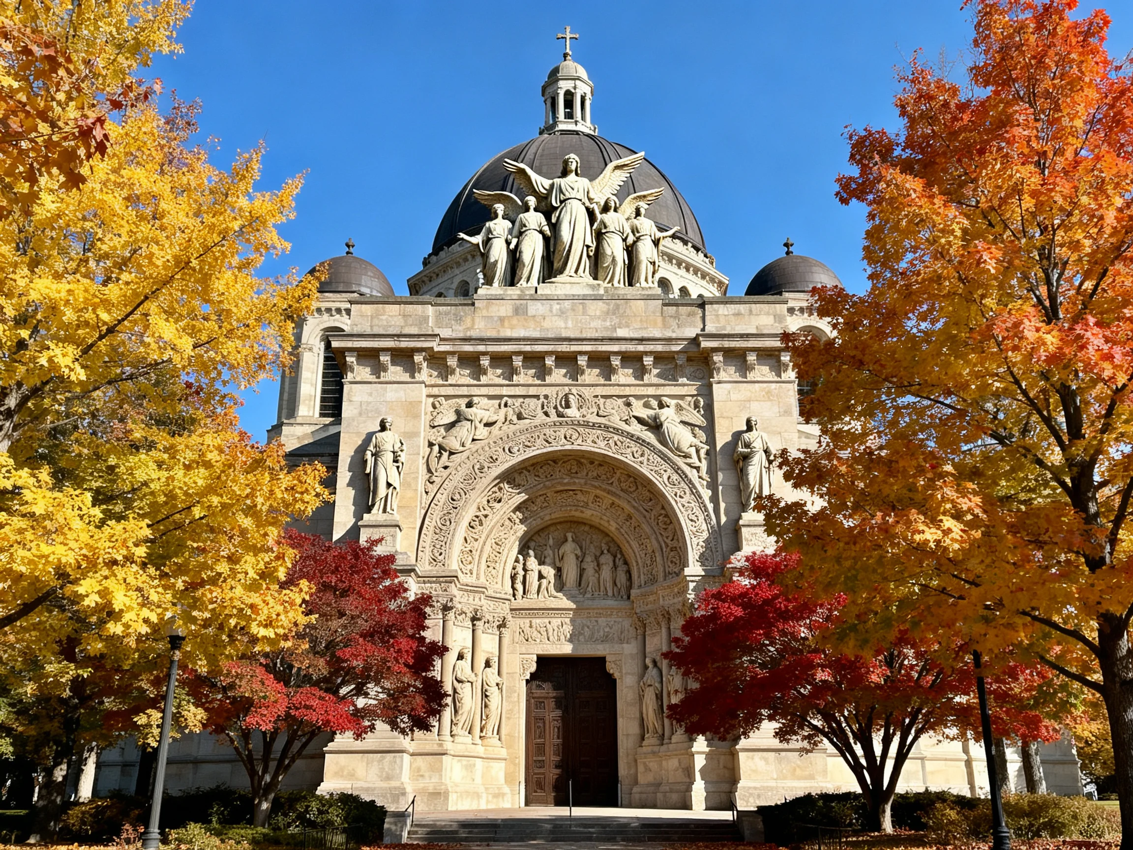 A grand stone cathedral with domed roof surrounded byvibrant autumn trees
