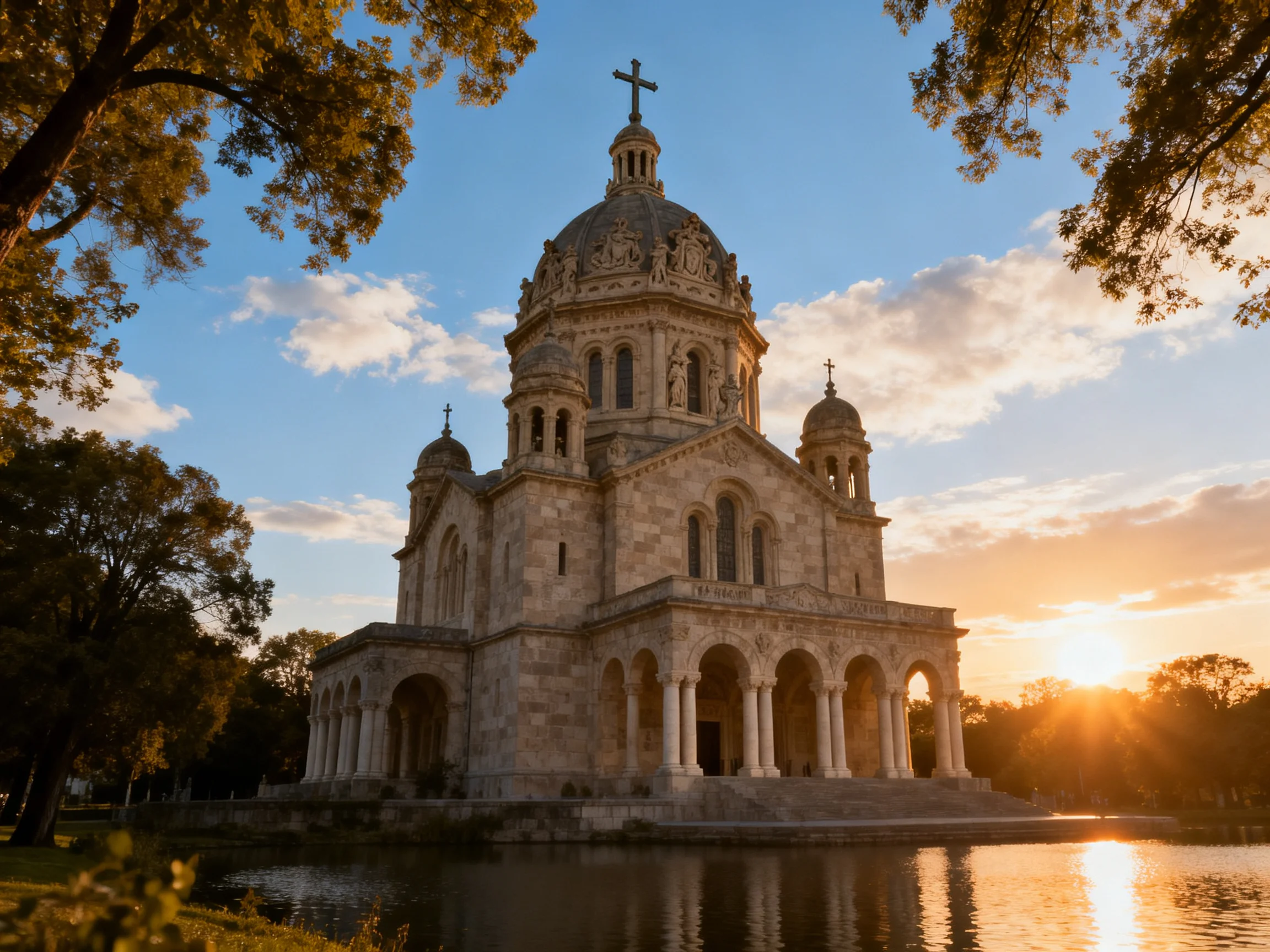 A grand stone cathedral with domes near reflective water at sunset