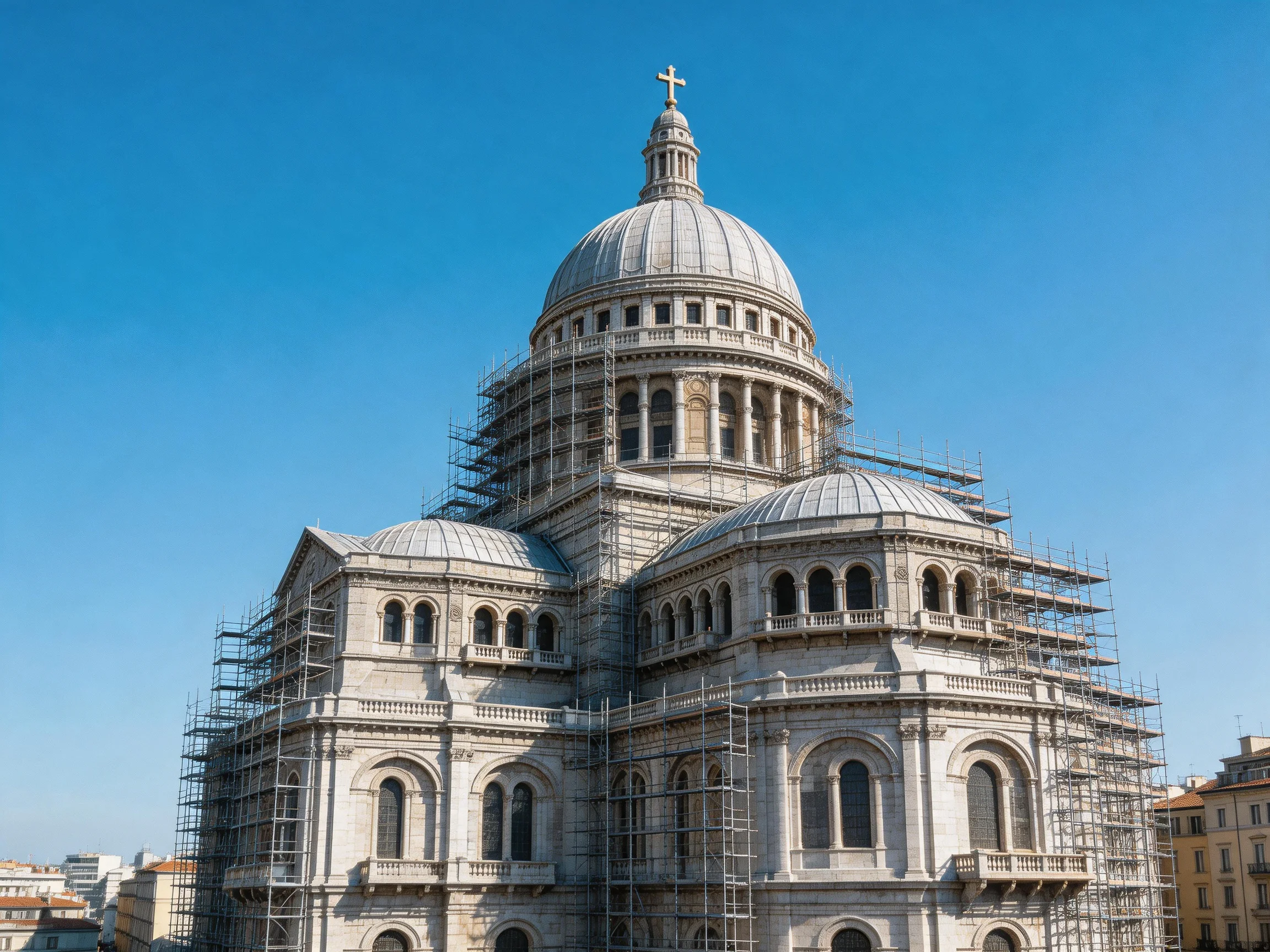 A grand stone cathedral with extensive scaffolding under clear blue sky