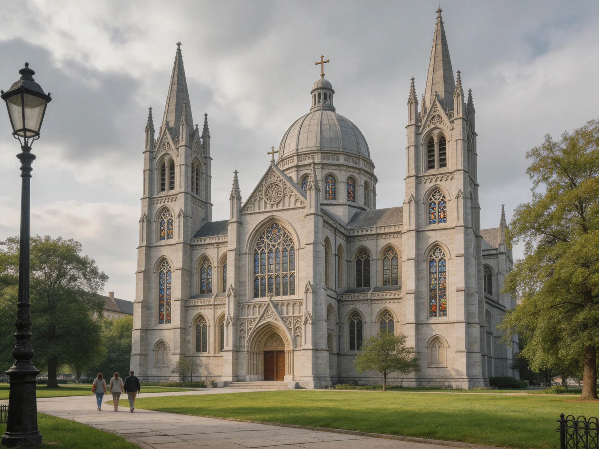 A grand stone cathedral with tall spires and ornate stained glass
