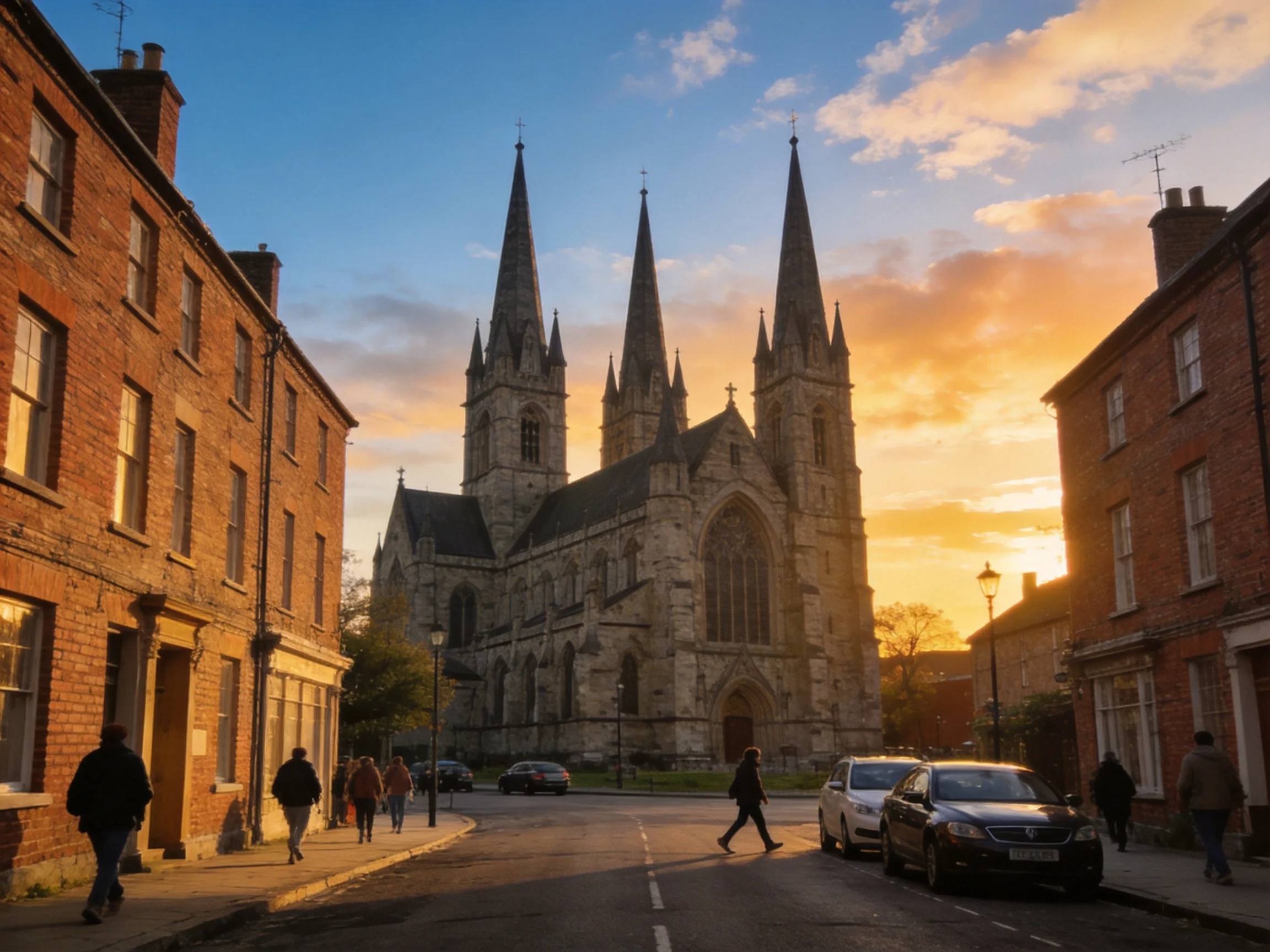 A grand stone cathedral with three spires amidst brick buildings at sunset
