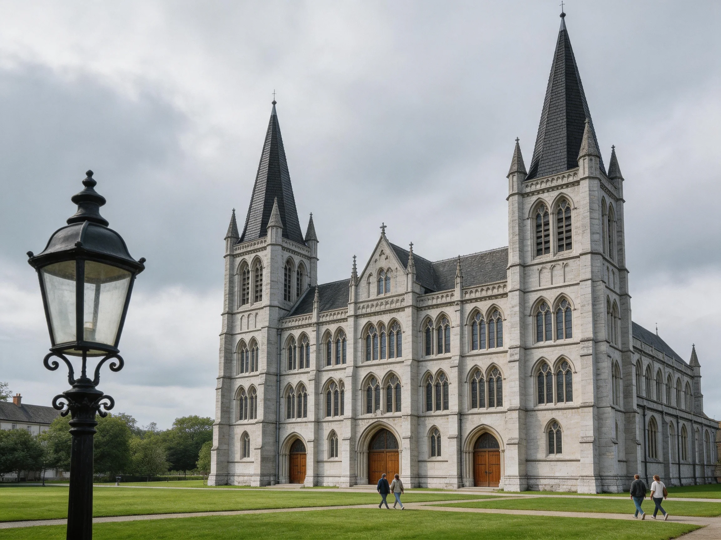 A grand stone cathedral with twin spires under cloudy skies