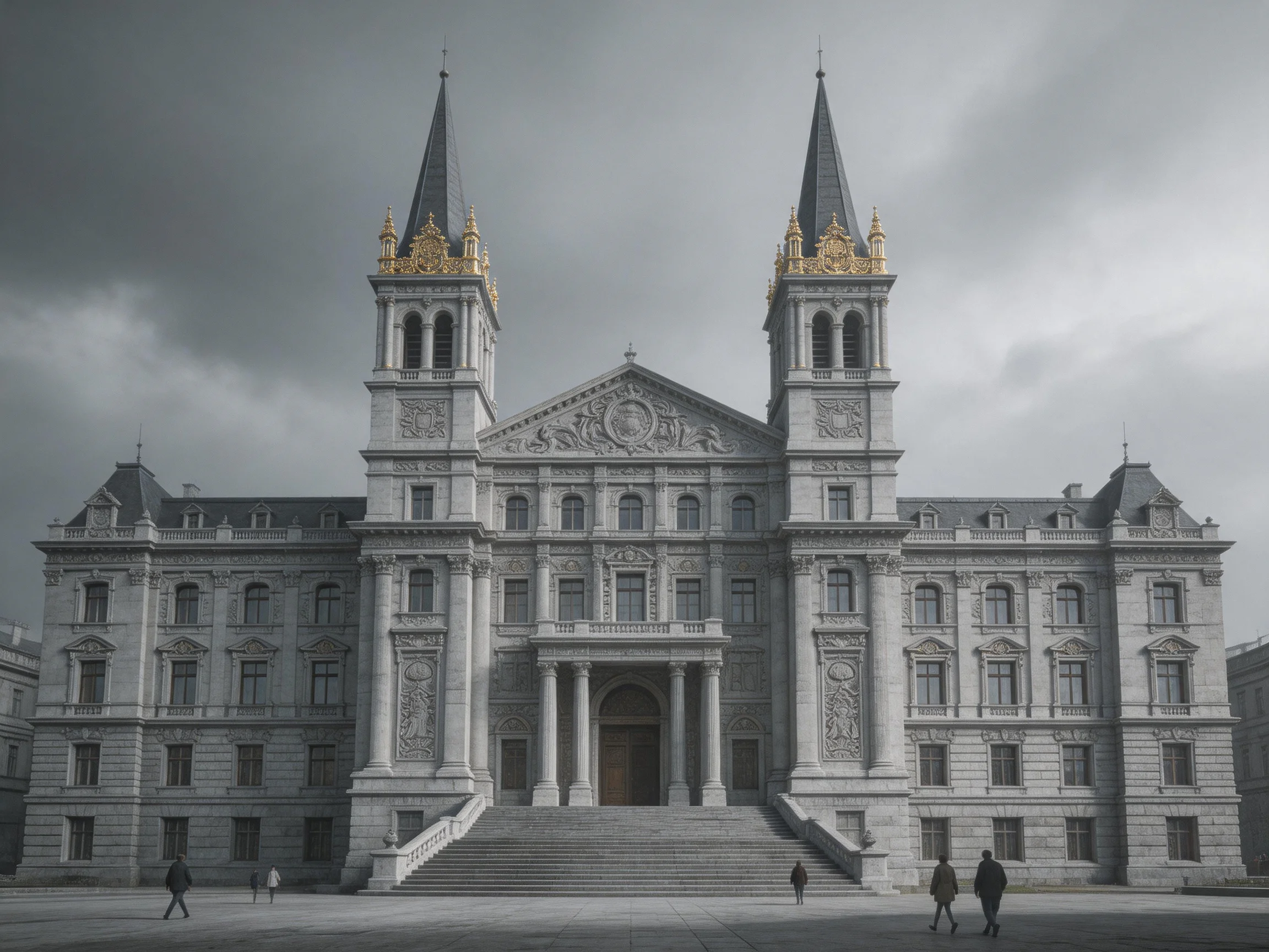 A grand stone cathedral with twin spires under stormy skies