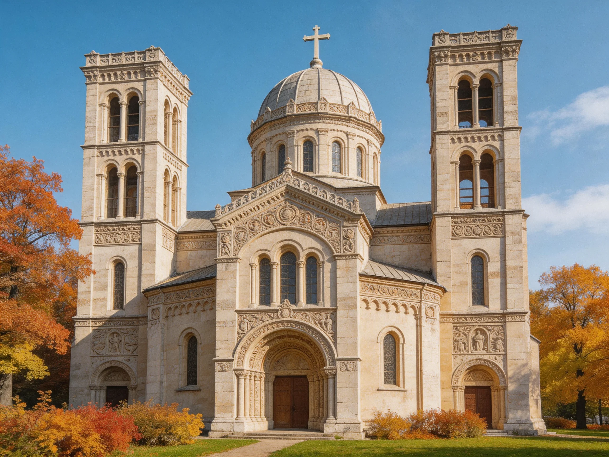 A grand stone cathedral with twin towers and autumn foliage