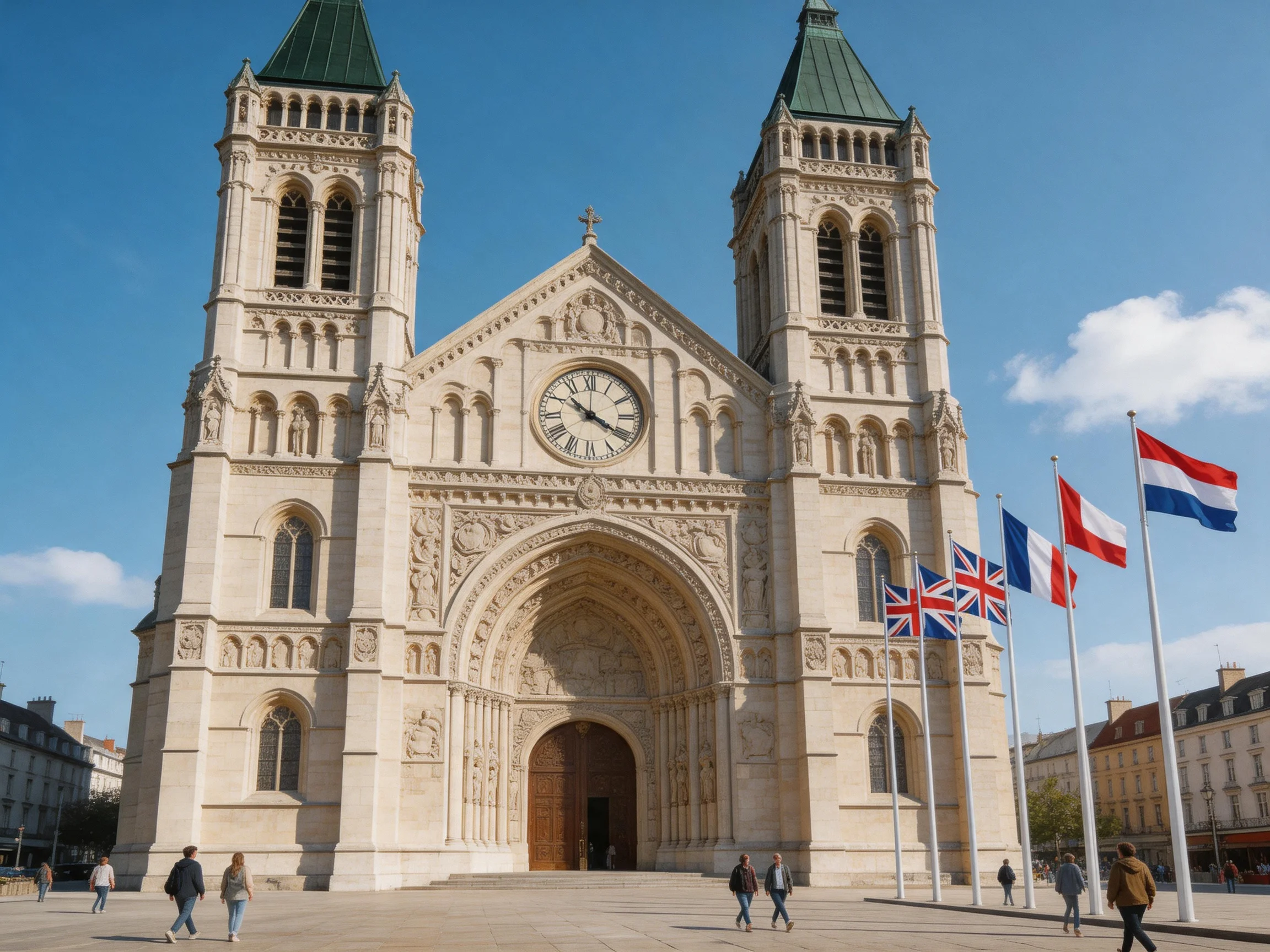 A grand stone cathedral with twin towers and international flags